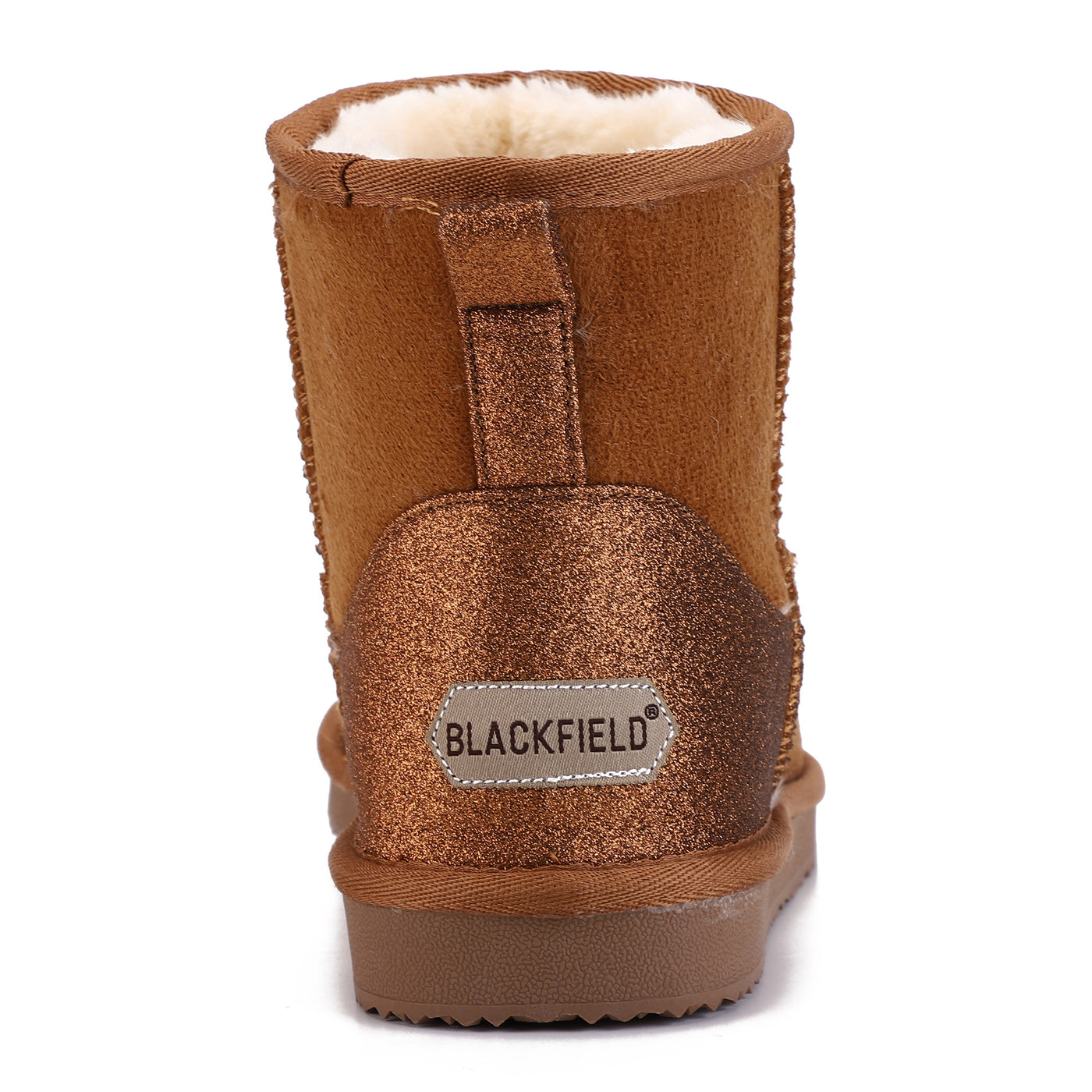 Bottine fourrée Casablanca camel vue de dos, paillettes bronze et étiquette Blackfield