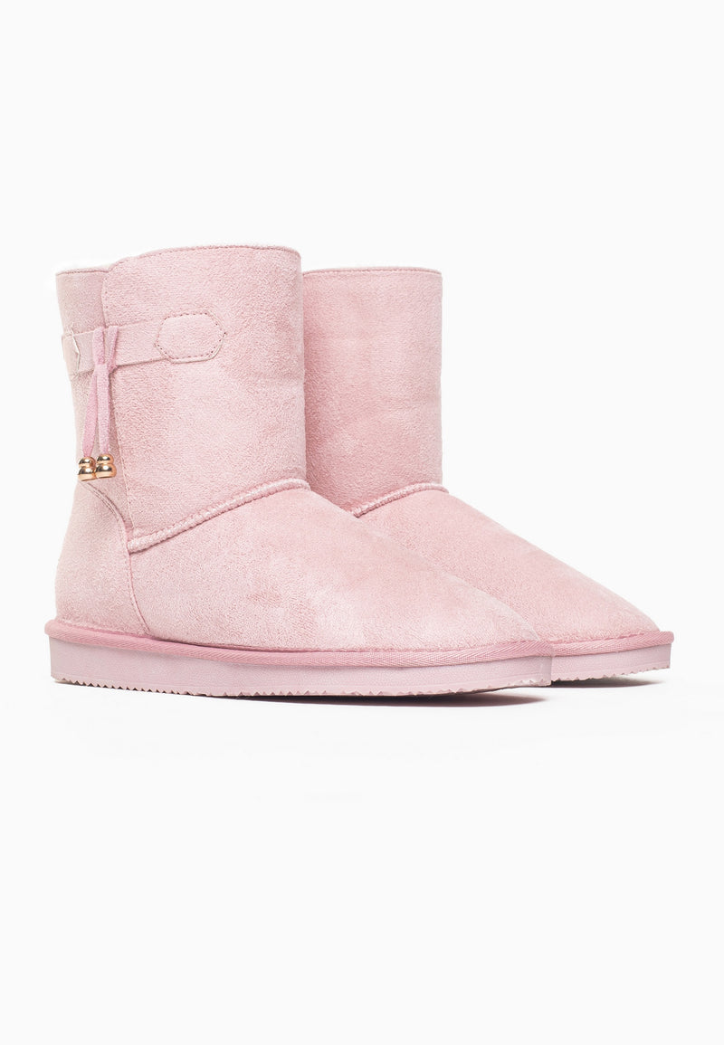 Paire de bottines fourrées Opinaca rose de trois-quarts, patte et cordon à breloques