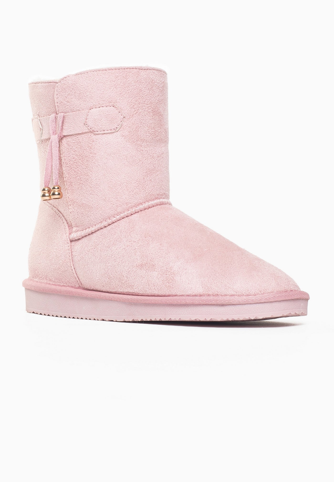 Bottine fourrée Opinaca rose de trois-quarts arrière, patte hexagonale et semelle rose