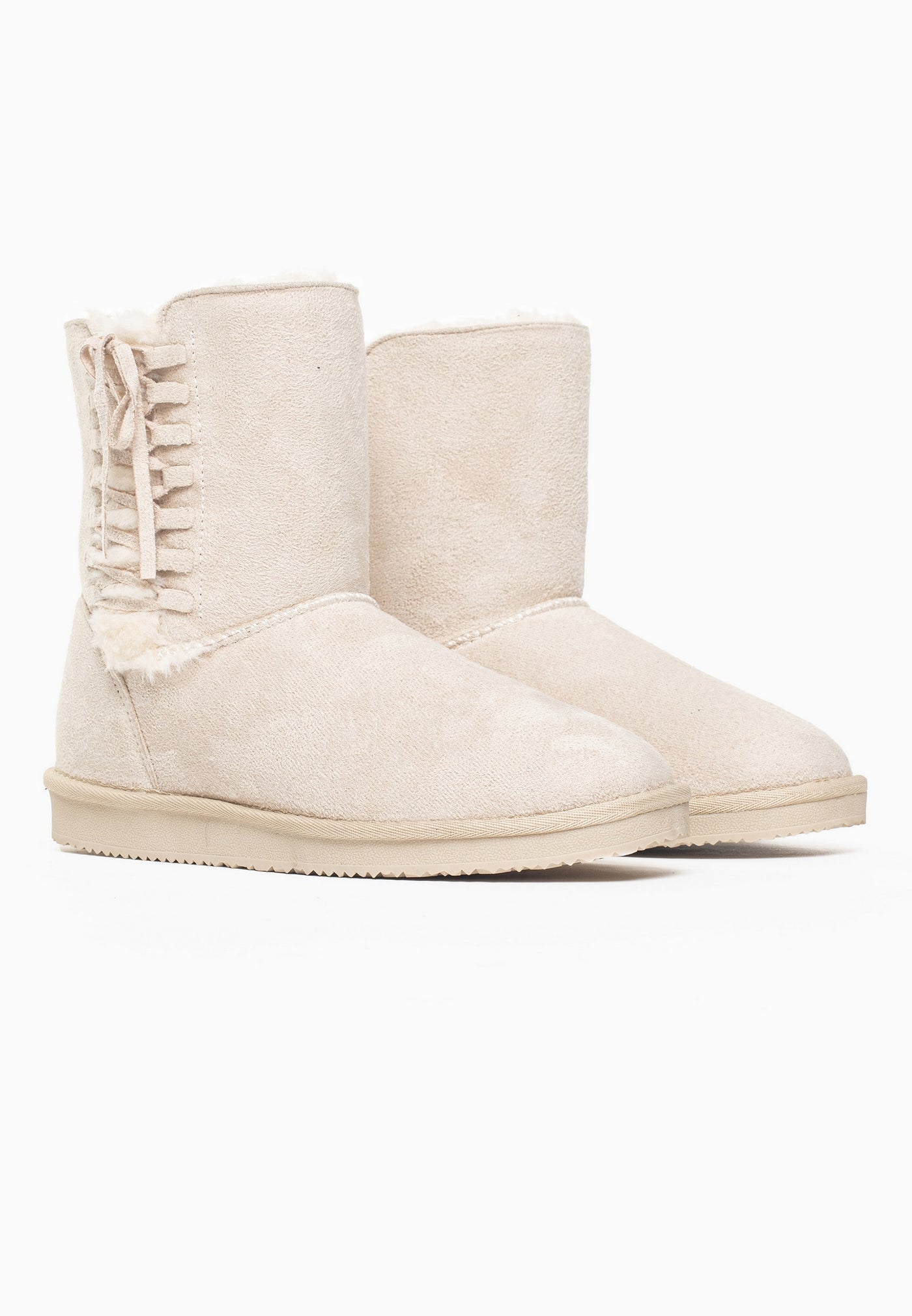Paire de bottines fourrées Nueltin naturel de trois-quarts, laçage arrière et col souple