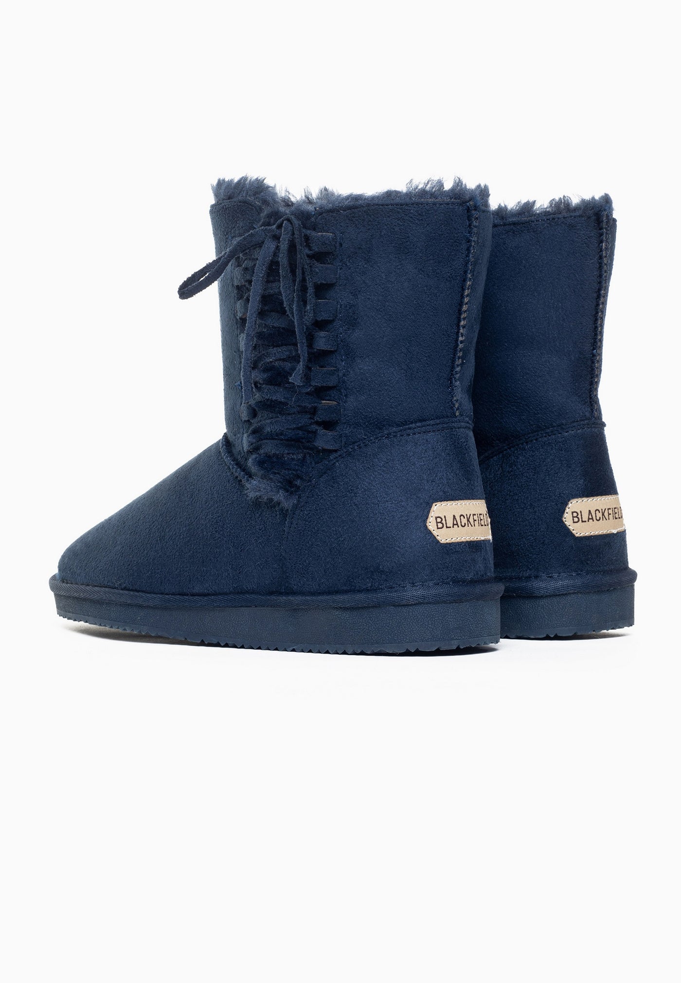 Paire de bottines fourrées Nueltin marine de dos, étiquettes Blackfield aux talons