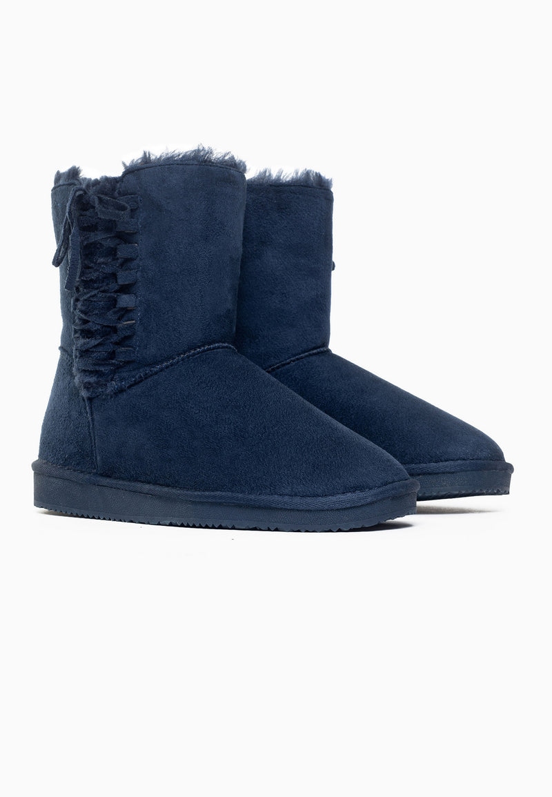 Paire de bottines fourrées Nueltin marine de trois-quarts, laçage arrière et col fourni