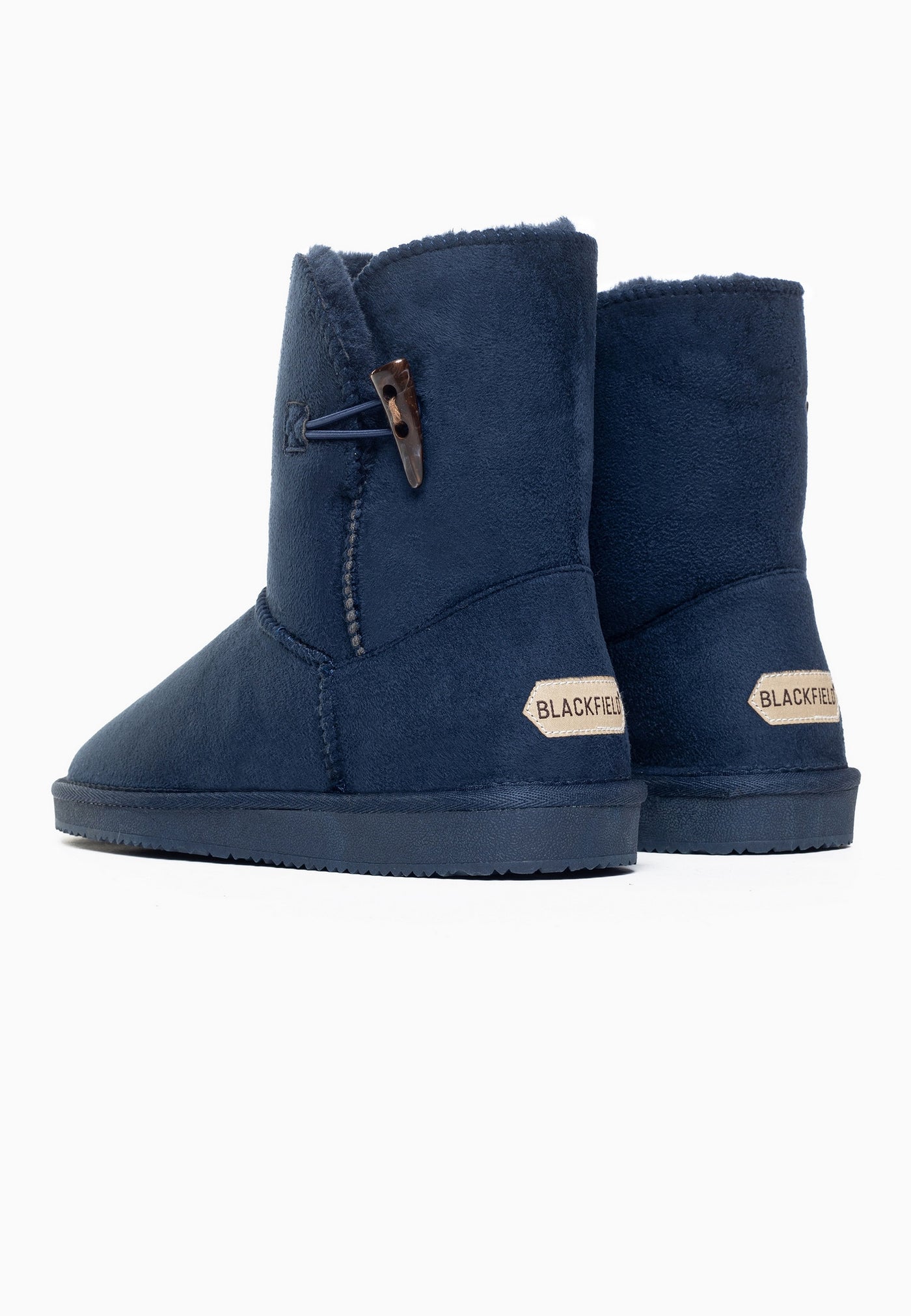 Paire de bottines fourrées Anais marine vues de dos, deux étiquettes Blackfield beiges