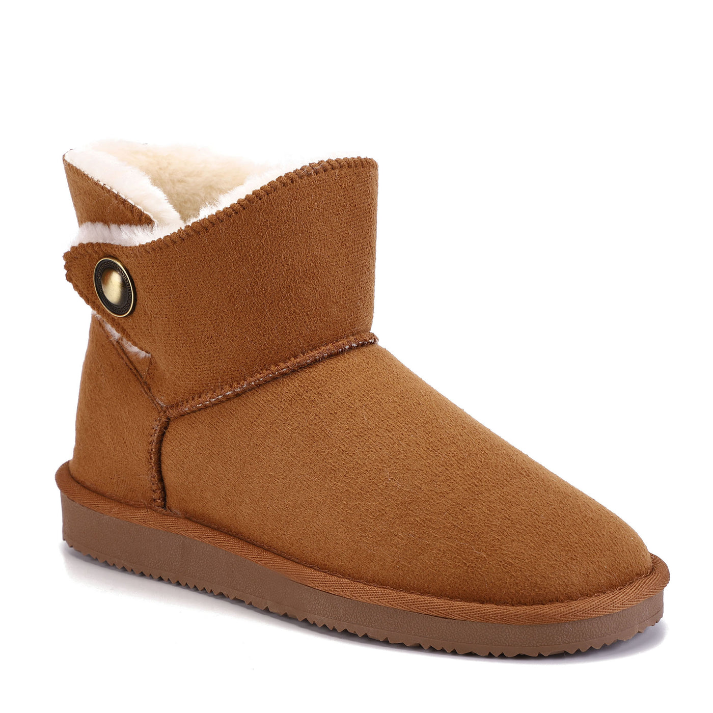 Bottine fourrée Cayuga camel de trois-quarts, doublure crème dépassant du col