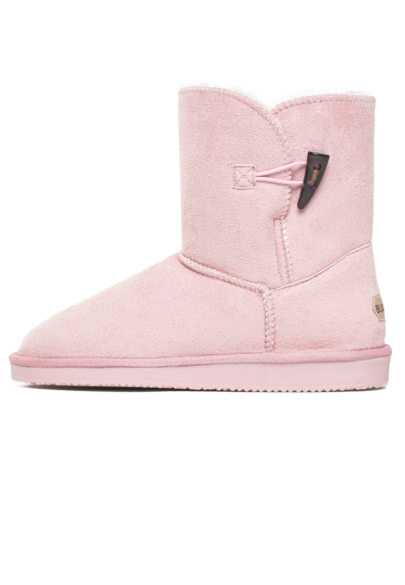 Bottine fourrée Anais rose de profil, bouton bûchette brun et cordelette rose