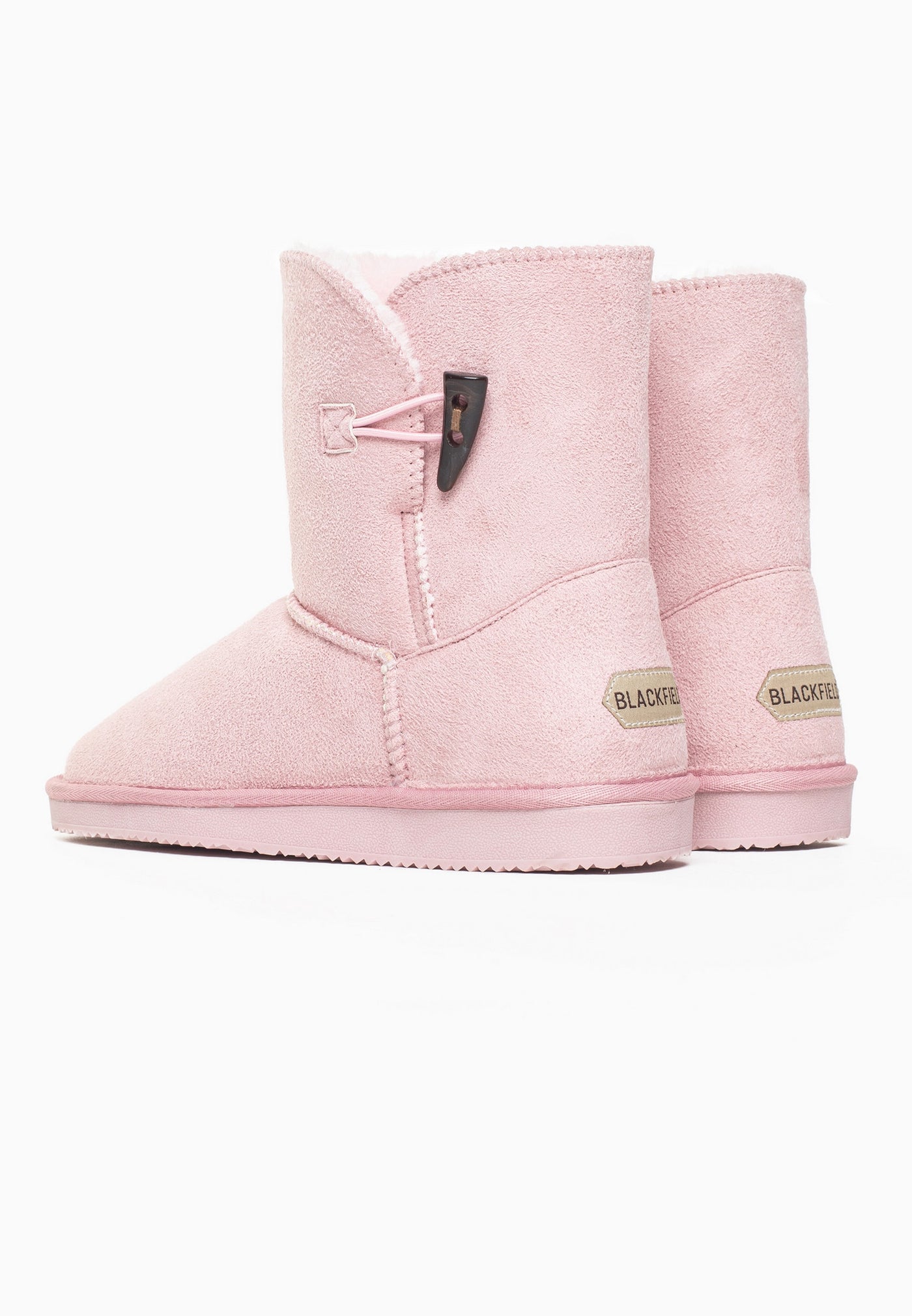 Paire de bottines fourrées Anais rose vues de dos, étiquettes Blackfield beiges aux talons