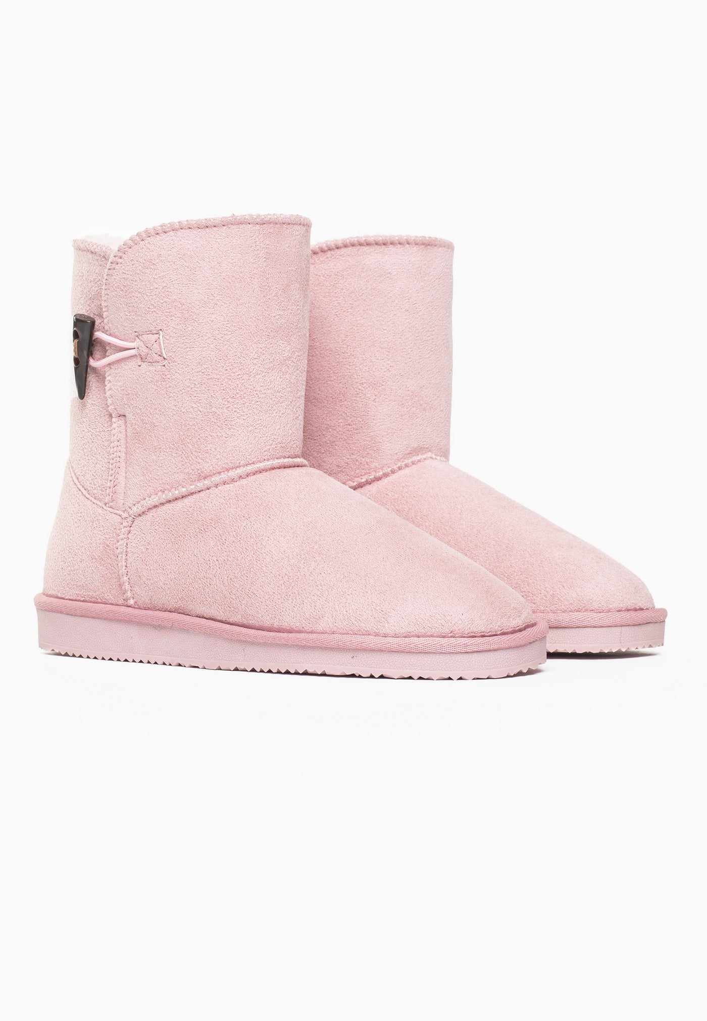 Paire de bottines fourrées Anais rose de trois-quarts, bouton bûchette sur la tige