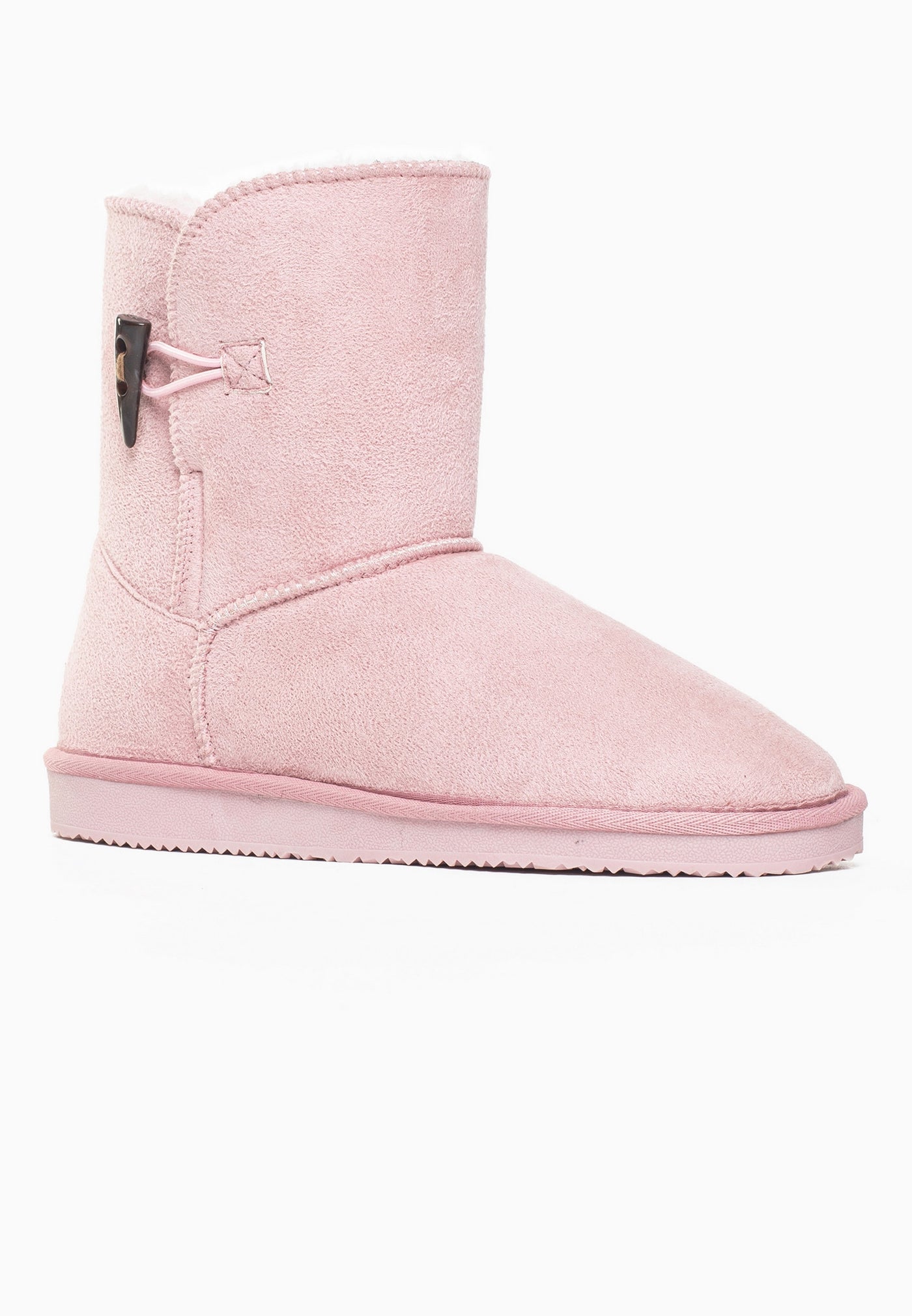 Bottine fourrée Anais rose de trois-quarts arrière, doublure crème visible à l'ouverture