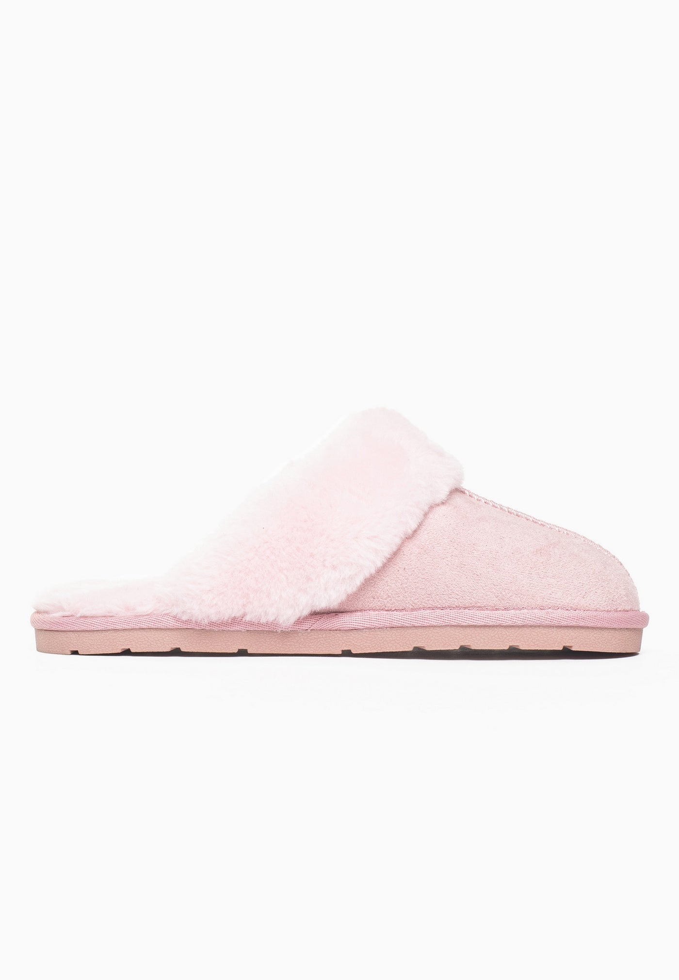 Chausson fourré Emilija rose vue de l'autre côté, microfibre rose poudré au toucher doux