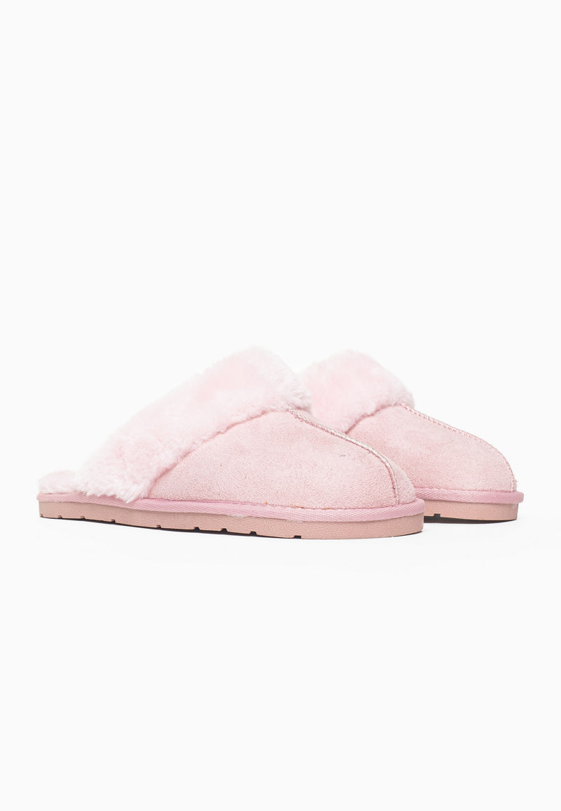 Paire de chaussons fourrés Emilija rose, large bande de fausse fourrure sur le cou-de-pied