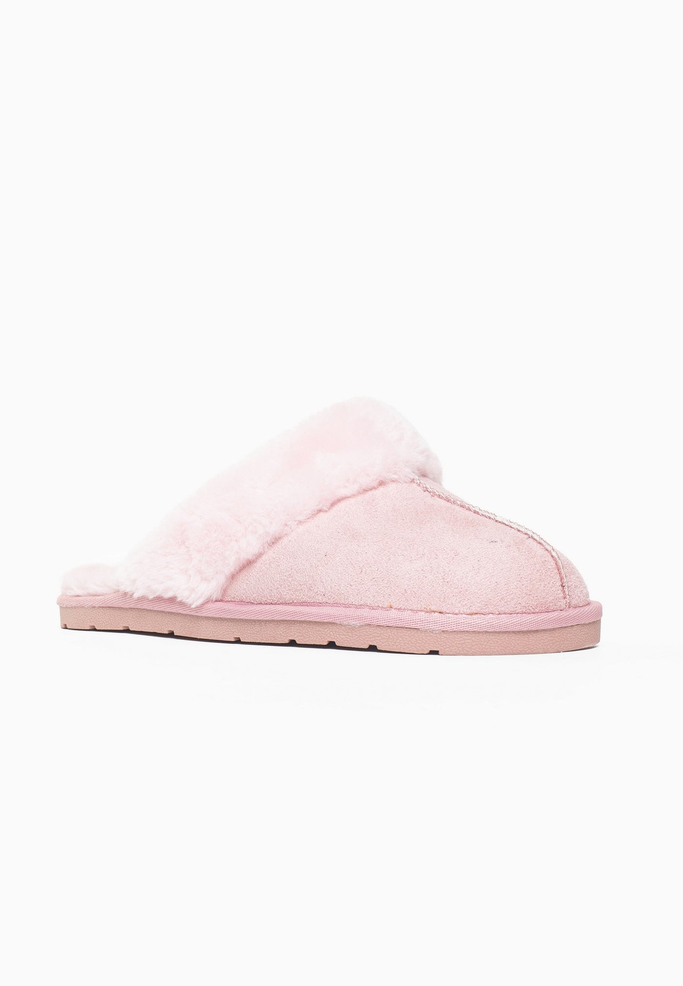 Chausson fourré Emilija rose de trois-quarts arrière, arrière ouvert pour l'enfiler d'un pied