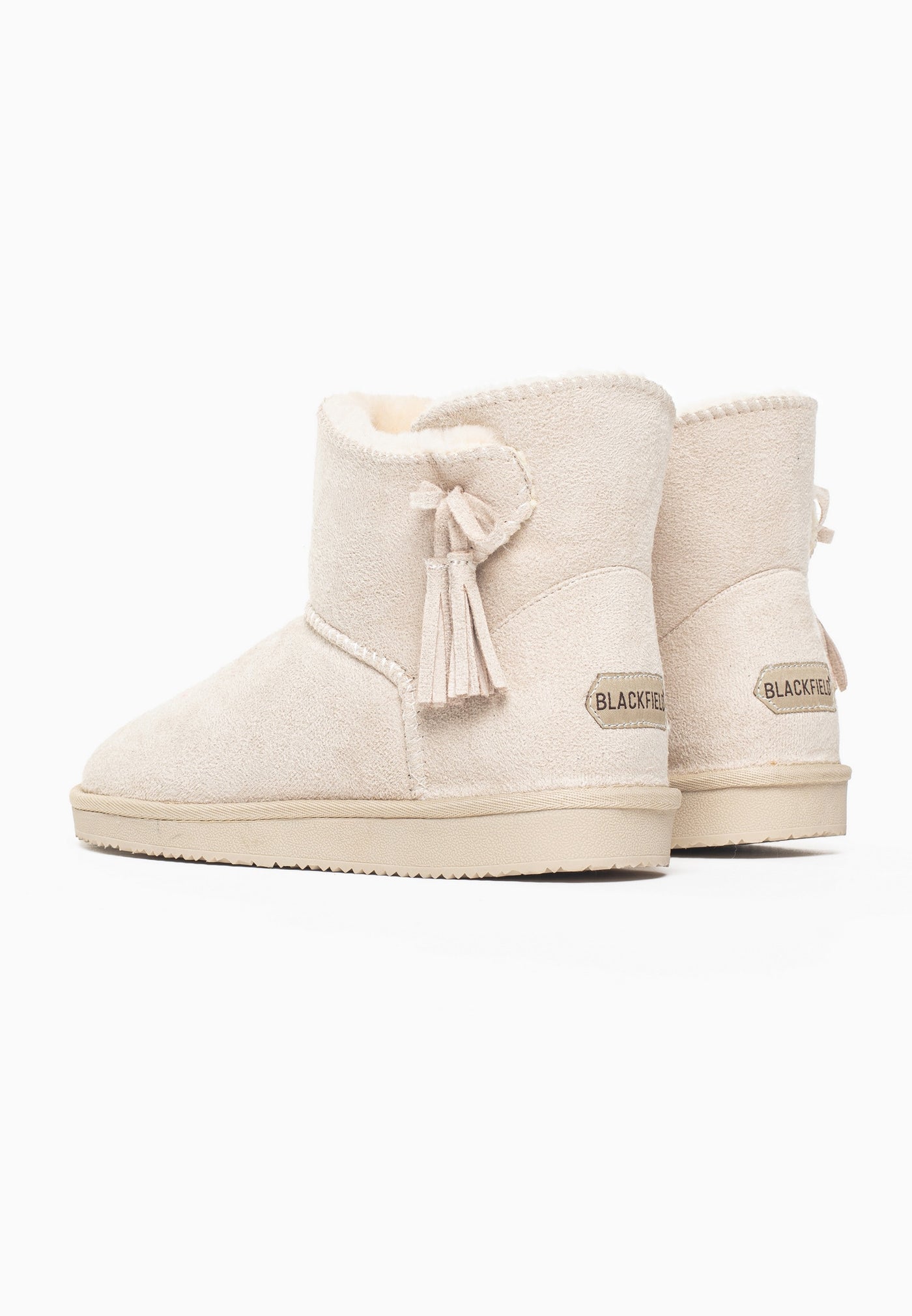 Paire de bottines fourrées Curry naturel vue de dos, plaques BLACKFIELD aux talons