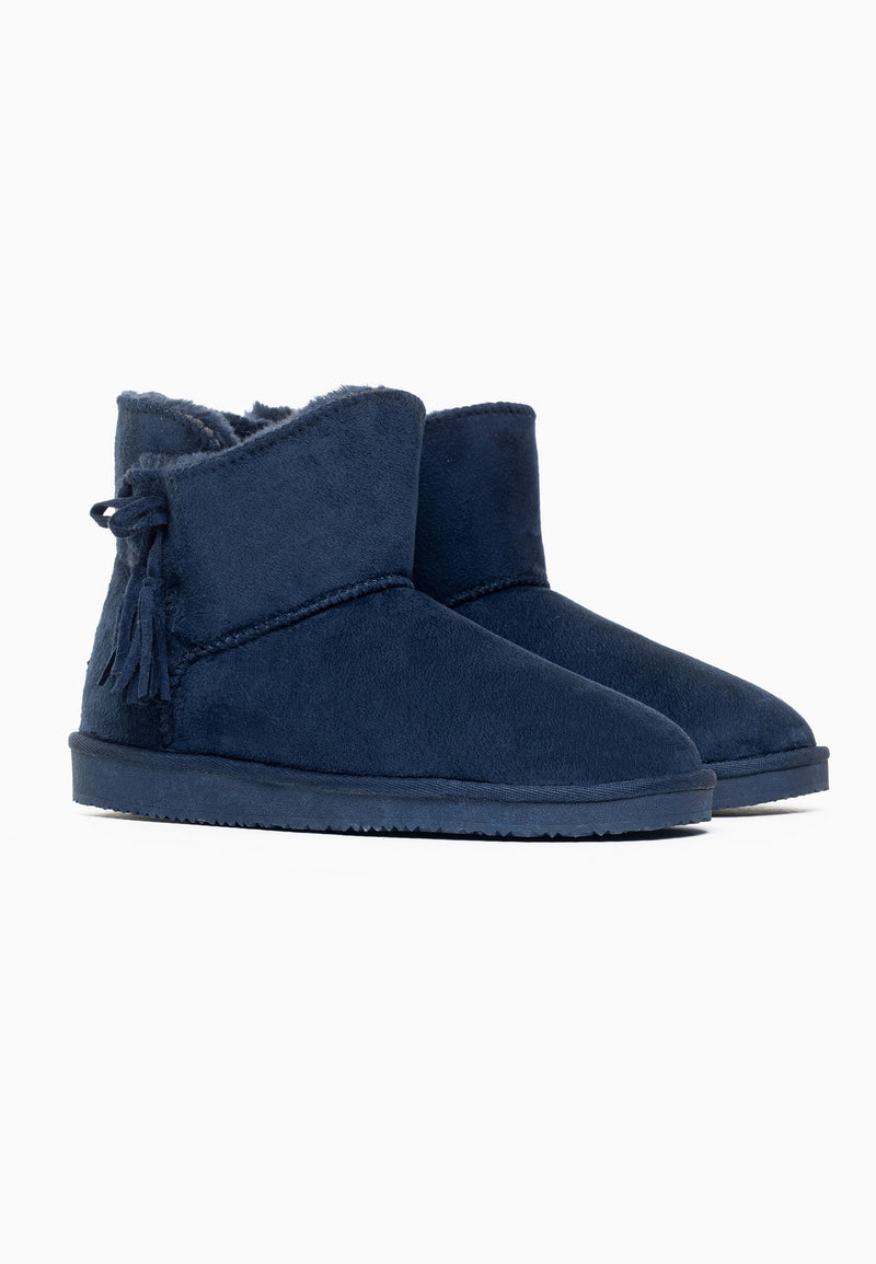 Paire de bottines fourrées Curry marine de trois-quarts, cordon tressé et glands