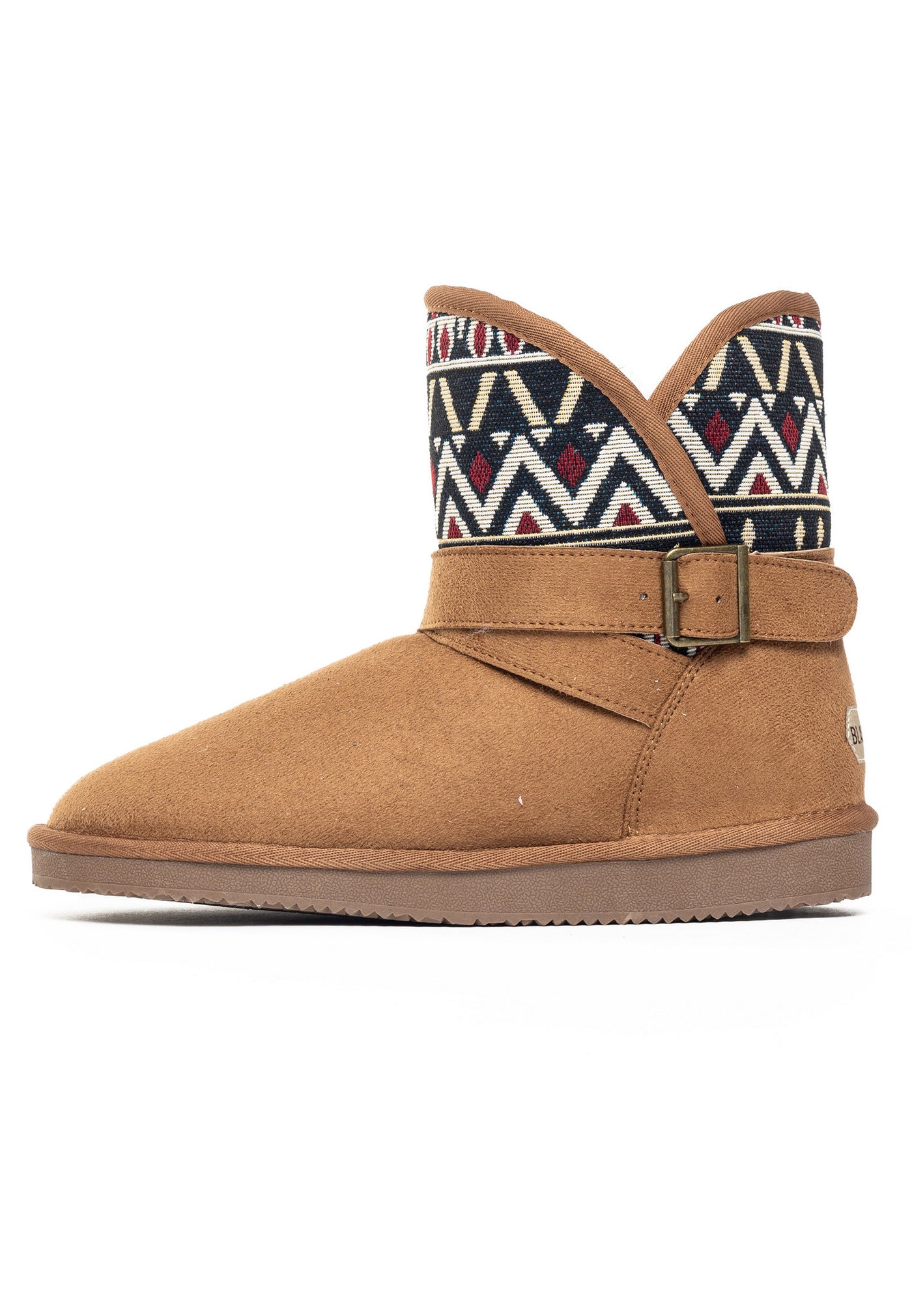 Bottine fourrée Concha camel de profil, sangle croisée et boucle en laiton