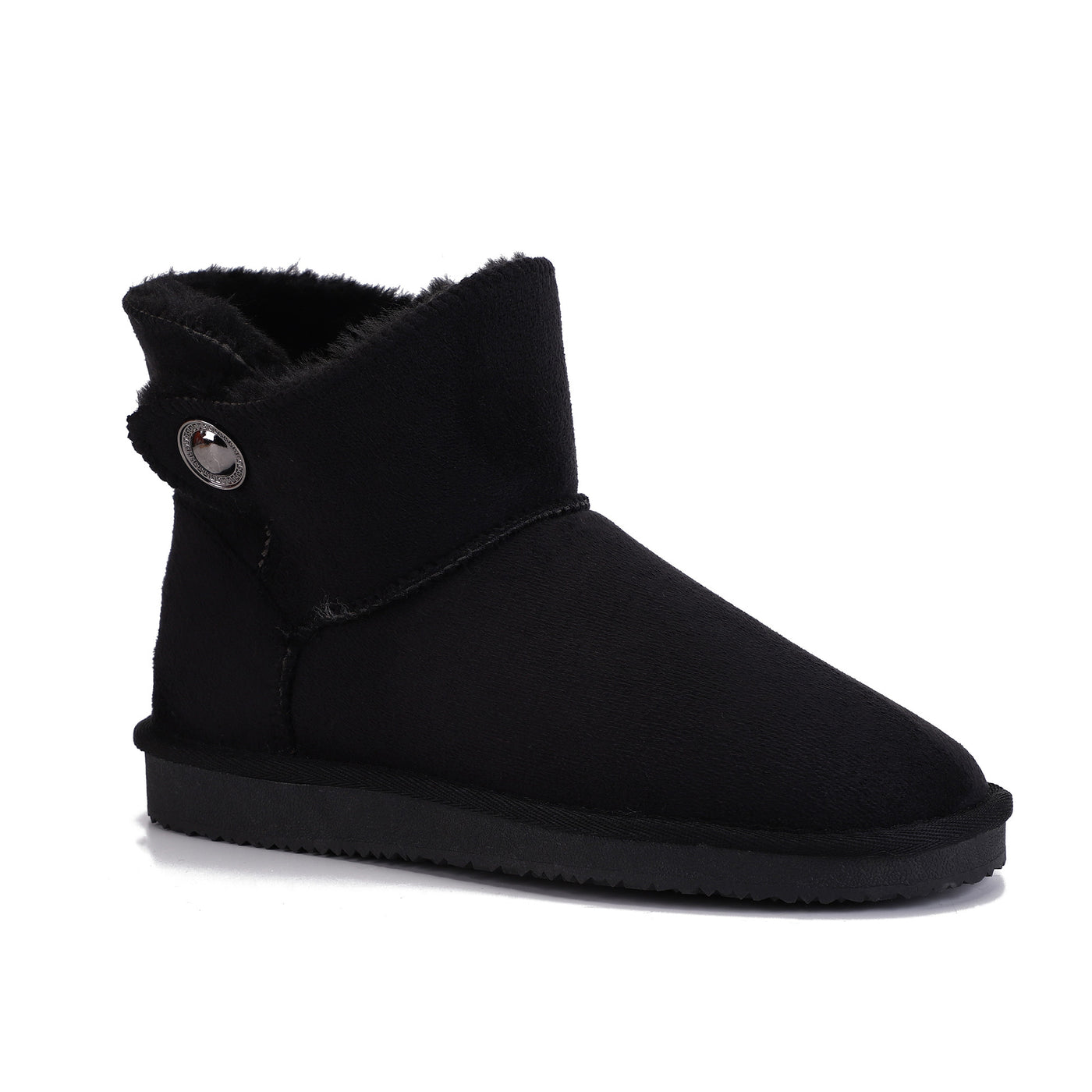 Les deux bottines fourrées Cayuga noires de trois-quarts, boutons dorés sur les rabats