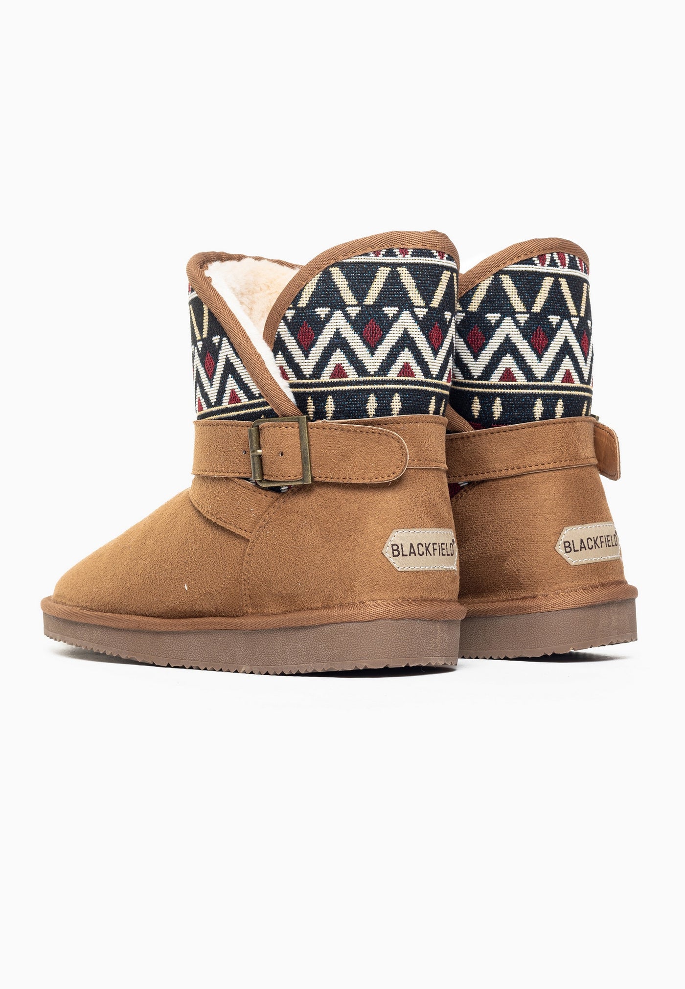 Paire de bottines fourrées Concha camel vues de dos, étiquettes claires aux talons