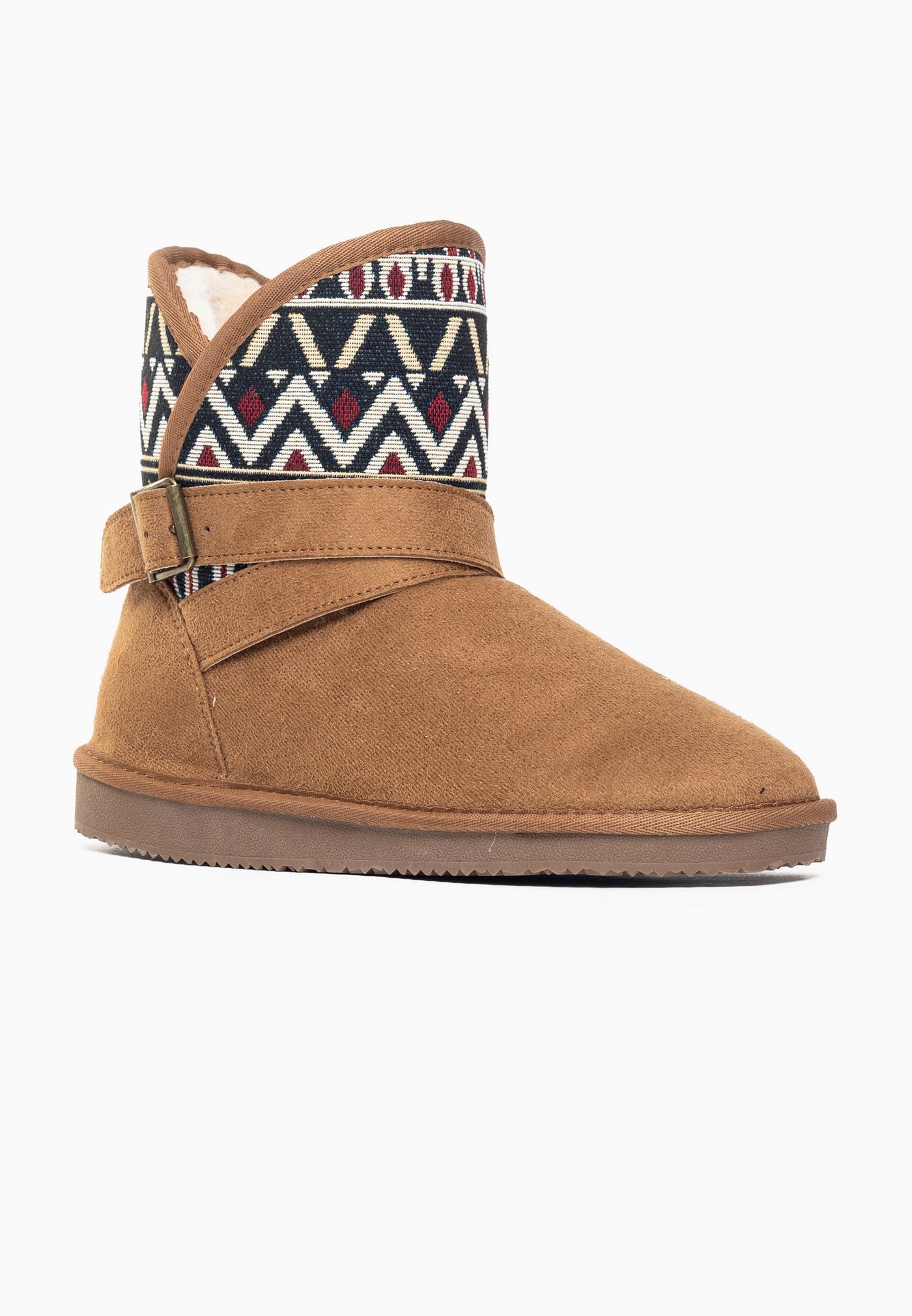 Bottine fourrée Concha camel de trois-quarts arrière, tissage marine et bordeaux
