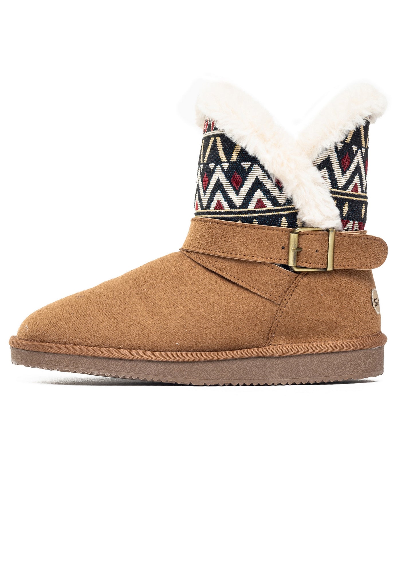 Bottine fourrée Colorada camel de profil, boucle carrée en laiton sur la sangle