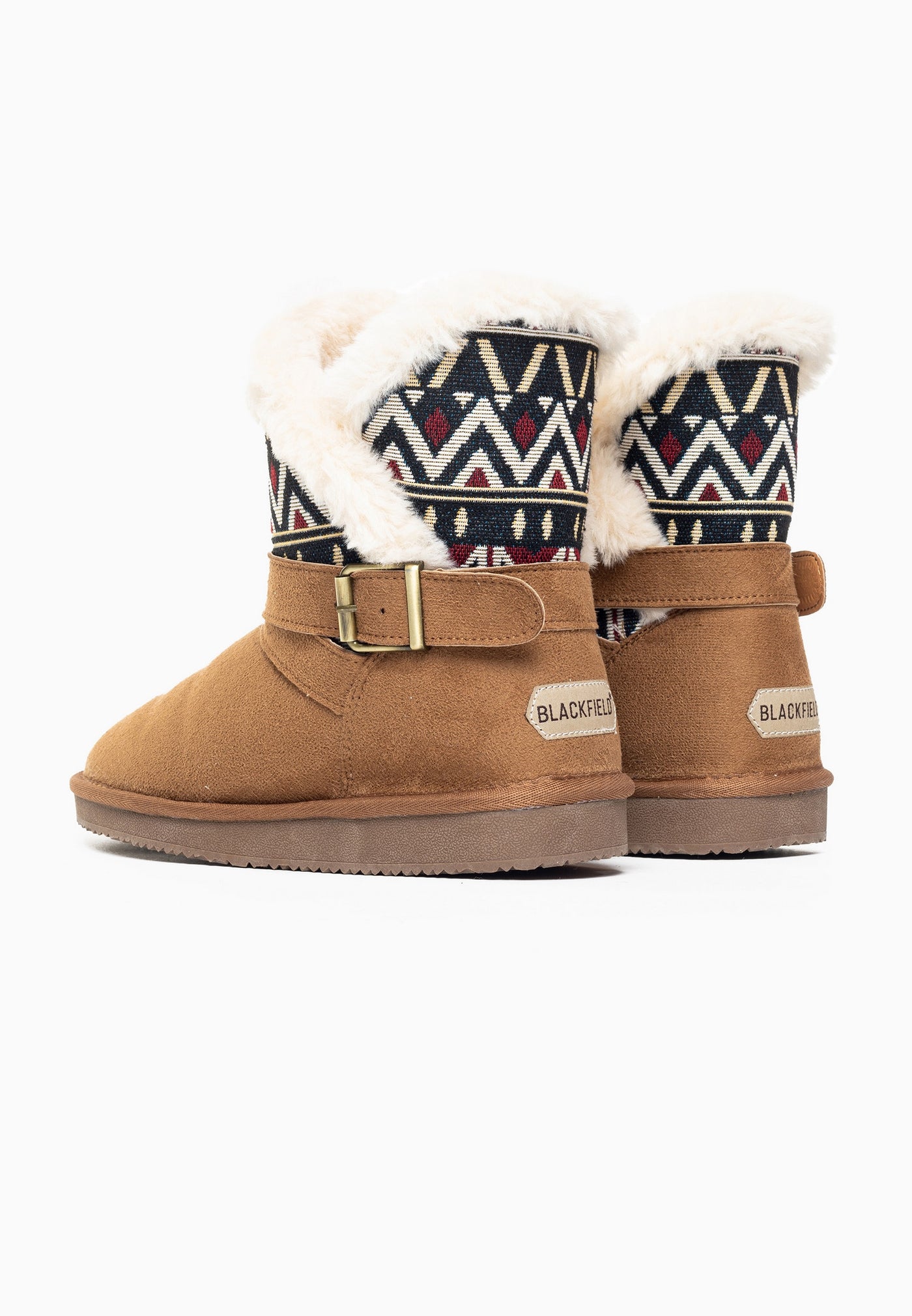 Paire de bottines fourrées Colorada camel de dos, étiquettes Blackfield aux talons