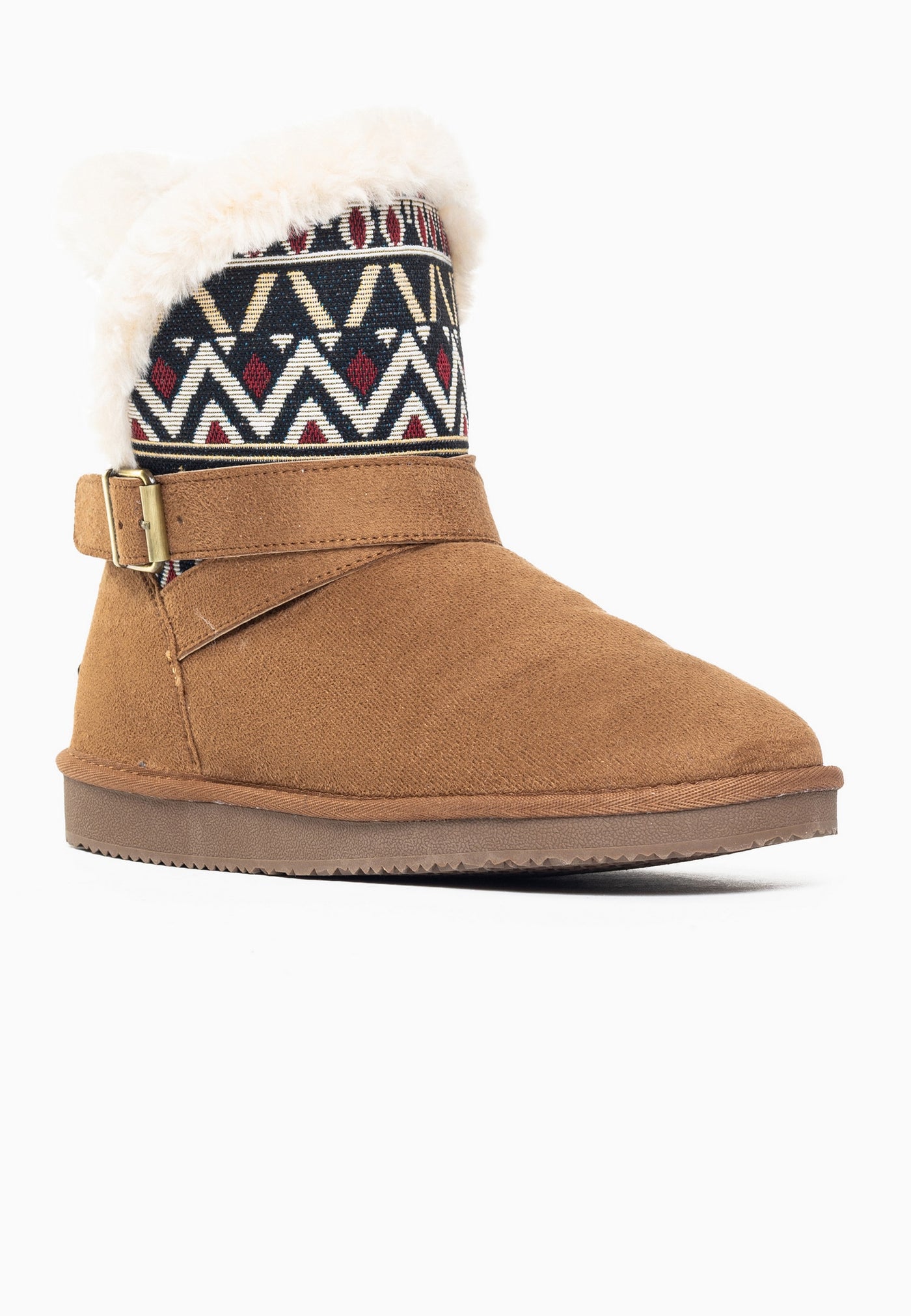 Bottine fourrée Colorada camel de trois-quarts arrière, chevrons écrus et marine