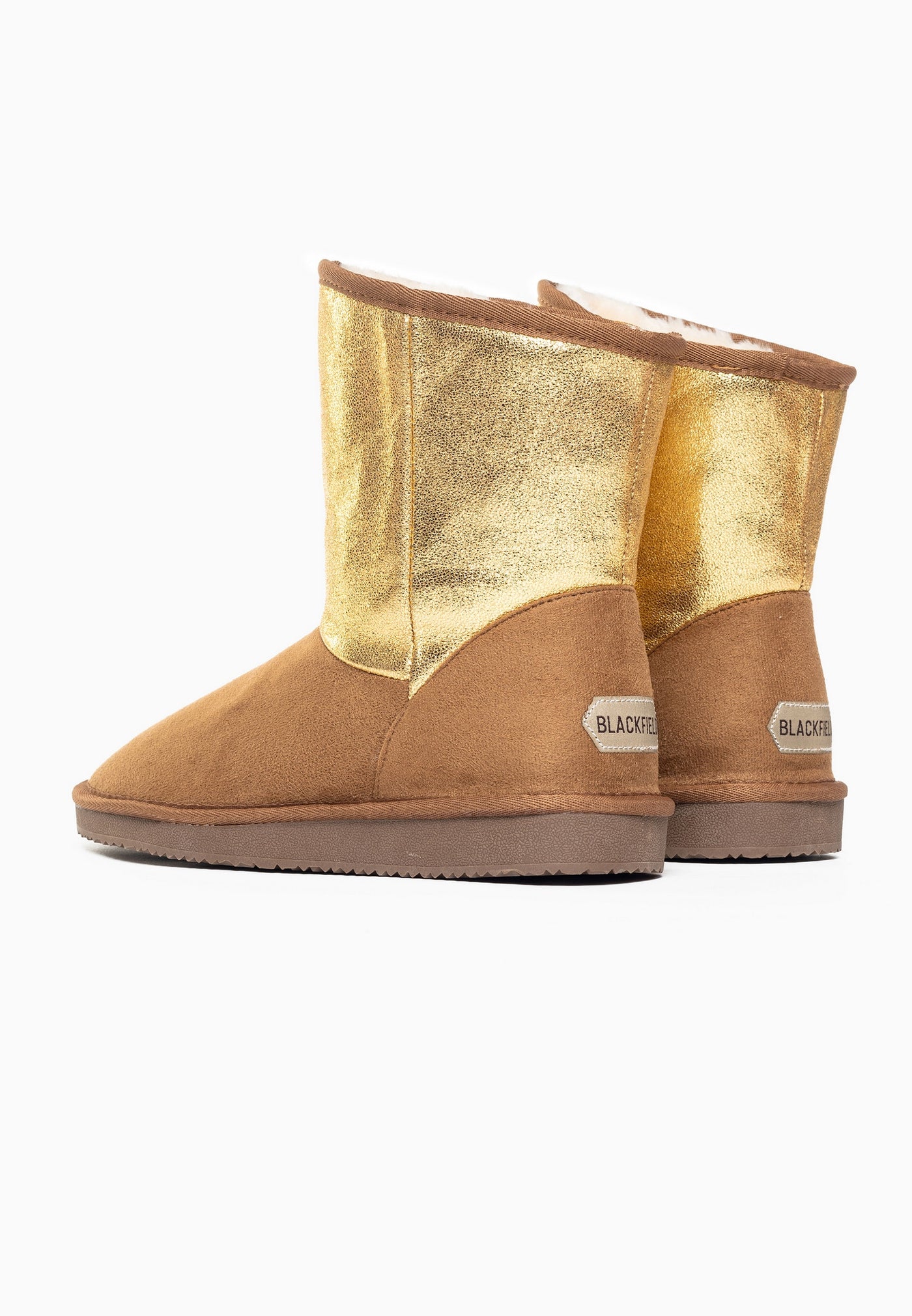 Paire de bottines fourrées Clane camel de dos, doublure crème à l'ouverture
