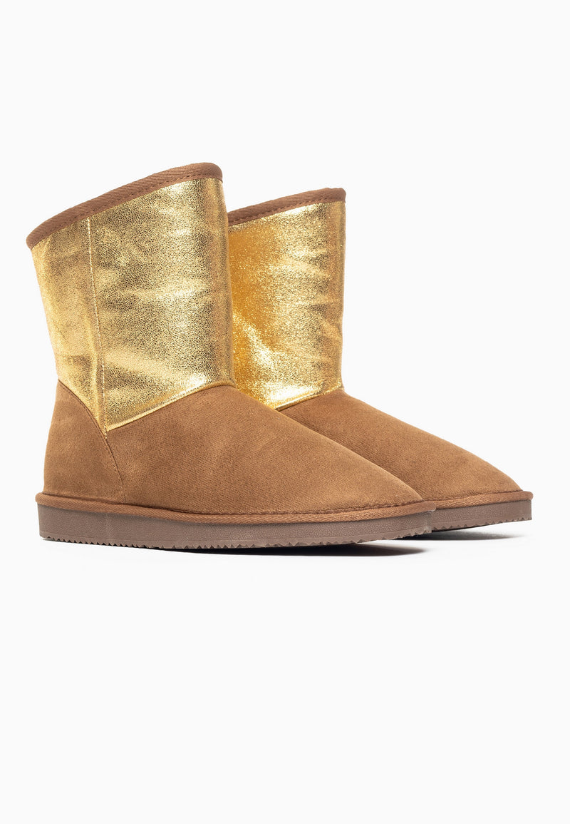 Paire de bottines fourrées Clane camel de trois-quarts, haut de tige doré