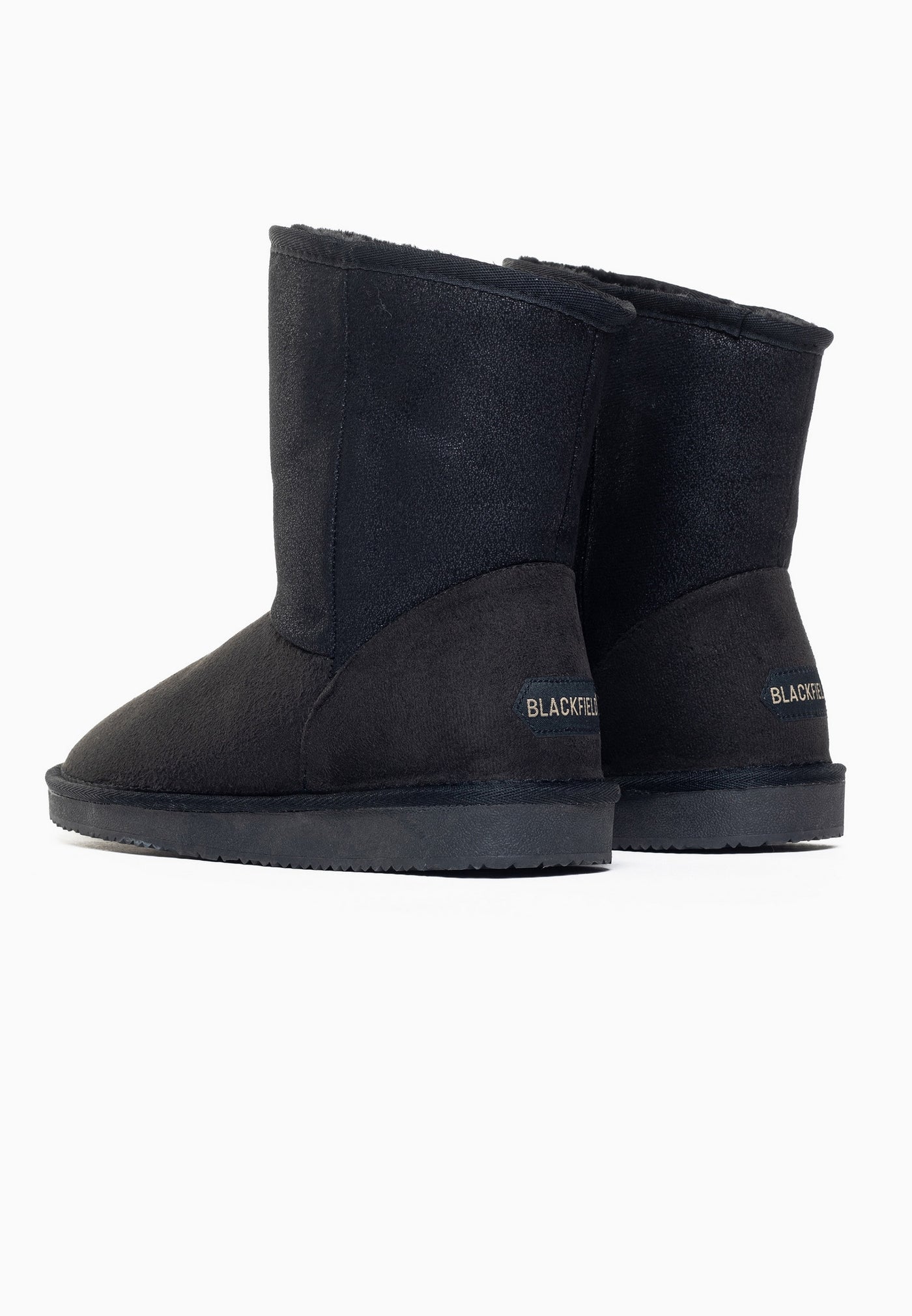Paire de bottines fourrées Clane noires de dos, étiquettes Blackfield aux talons