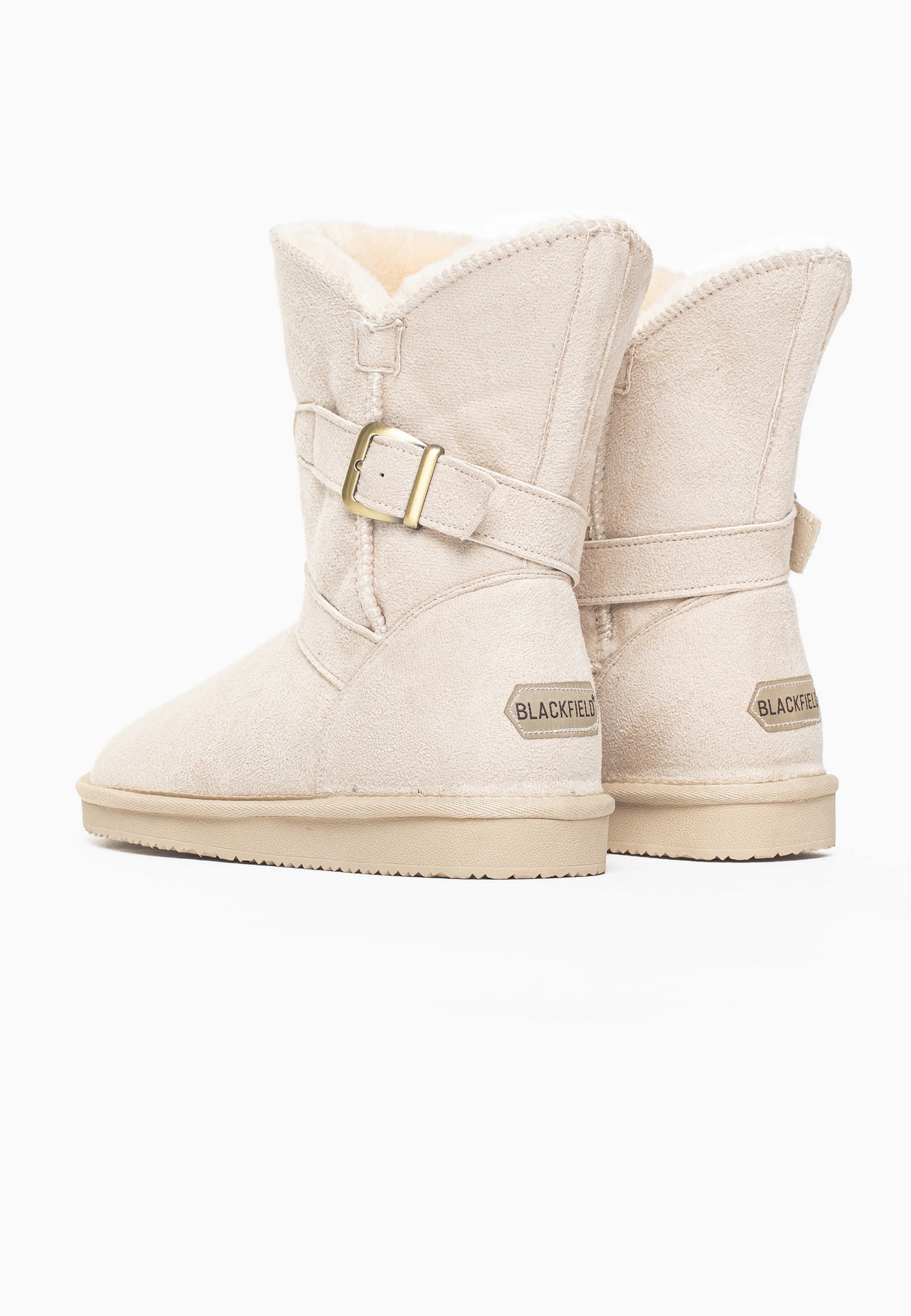 Paire de bottines fourrées Eden naturel vue de dos, deux étiquettes dorées