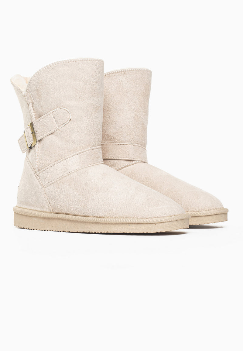 Paire de bottines fourrées Eden naturel de trois-quarts arrière, boucle laiton