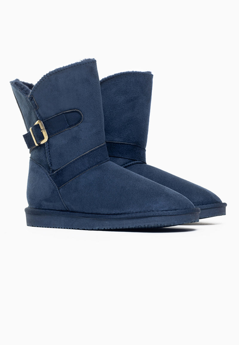 Paire de bottines fourrées Eden marine de trois-quarts arrière, sangles croisées