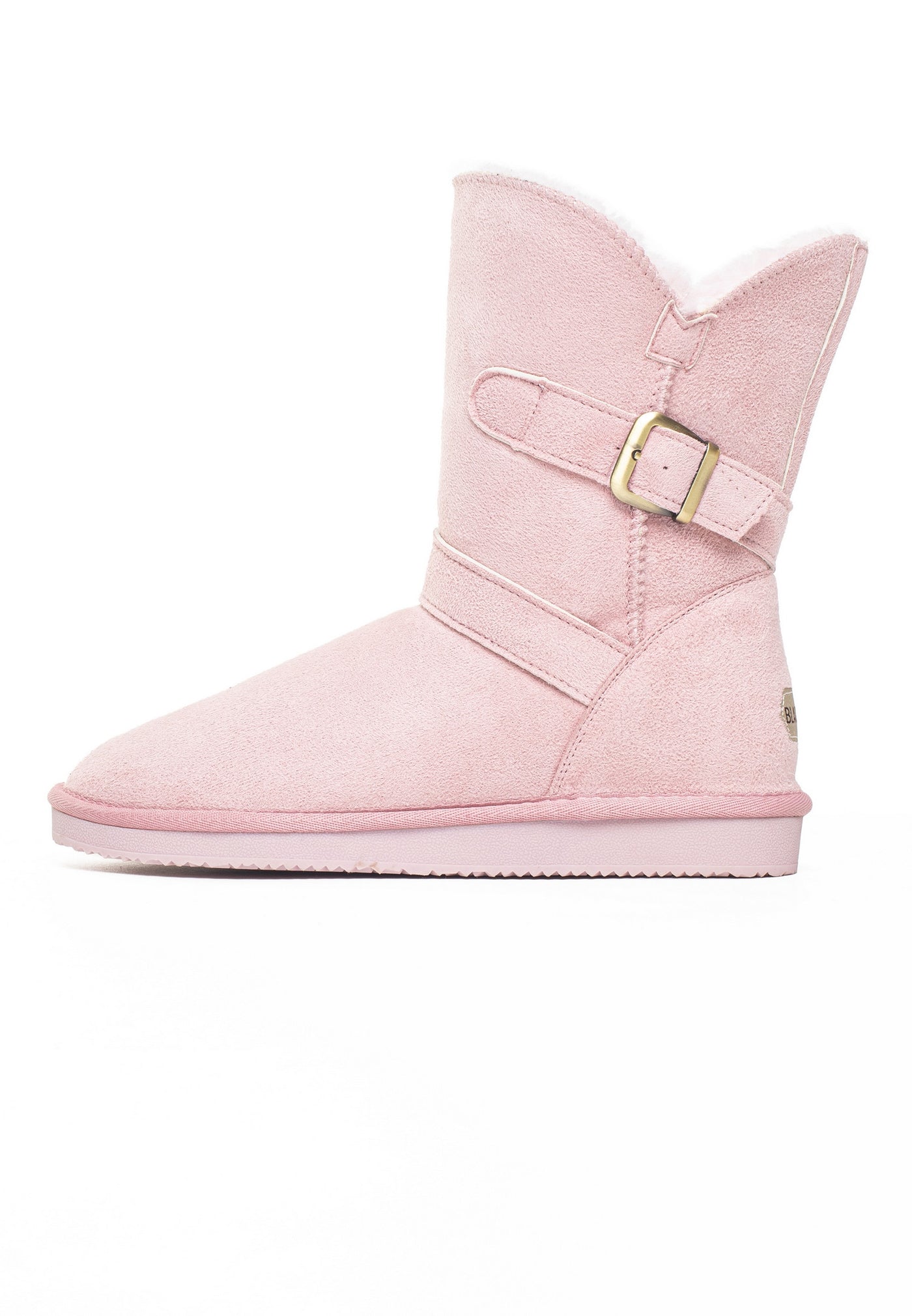 Bottine fourrée Eden rose de profil, boucle laiton fermée sur la sangle haute