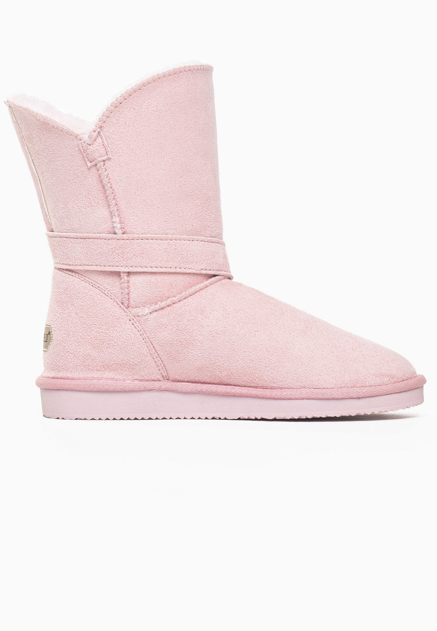 Bottine fourrée Eden rose vue de l'autre côté, sangle basse autour du pied