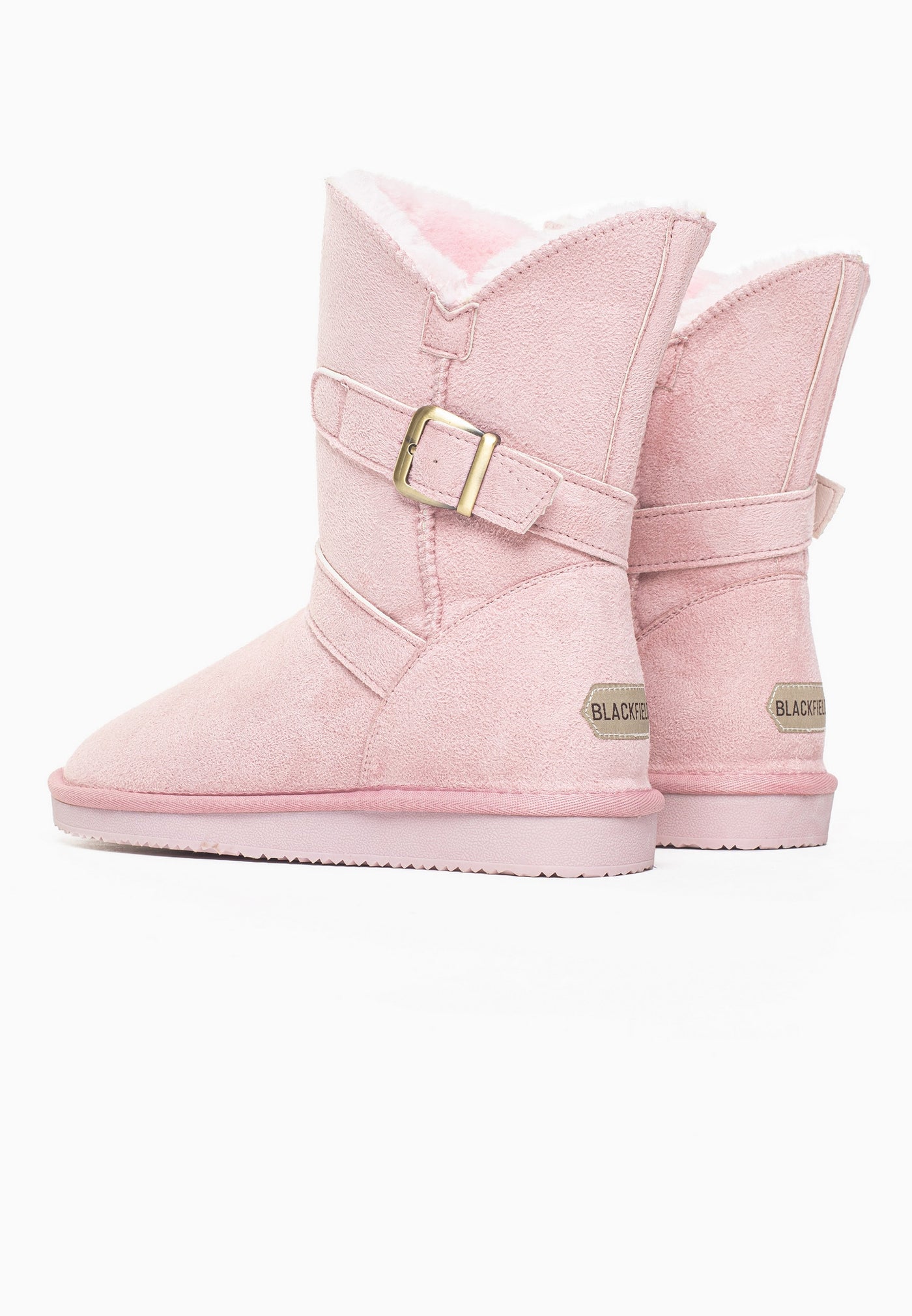 Paire de bottines fourrées Eden rose vue de dos, deux étiquettes Blackfield