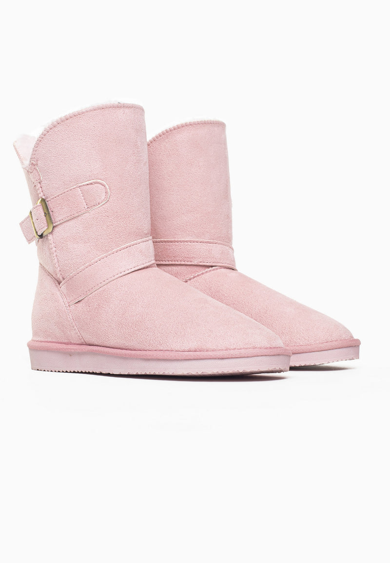 Paire de bottines fourrées Eden rose de trois-quarts arrière, sangles croisées