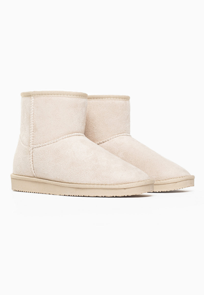 Paire de bottines fourrées Princesse naturel vue de trois-quarts avant, semelle crème