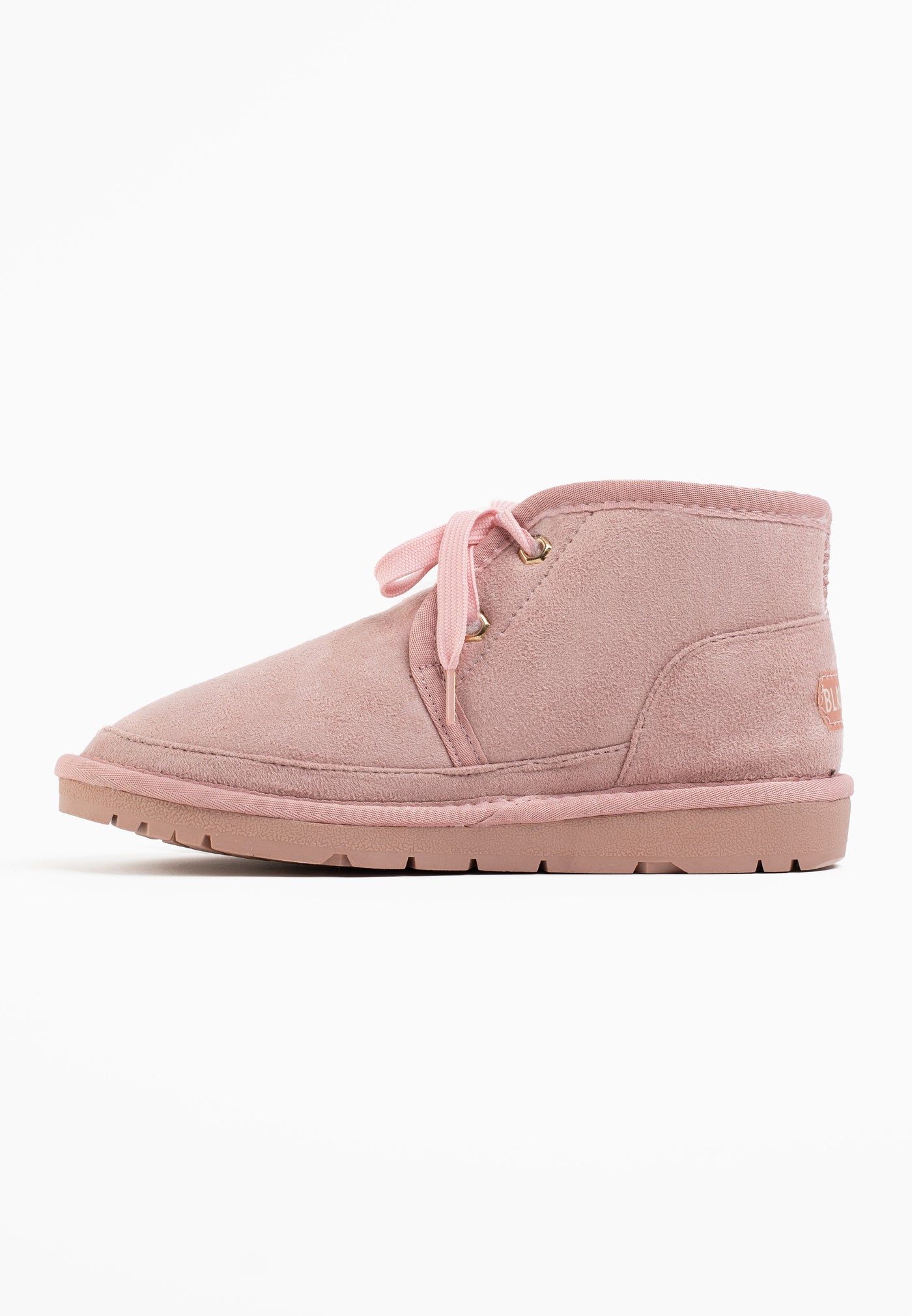 Bottine fourrée Citrine rose vue de l'autre côté, logo estampé ton sur ton au quartier