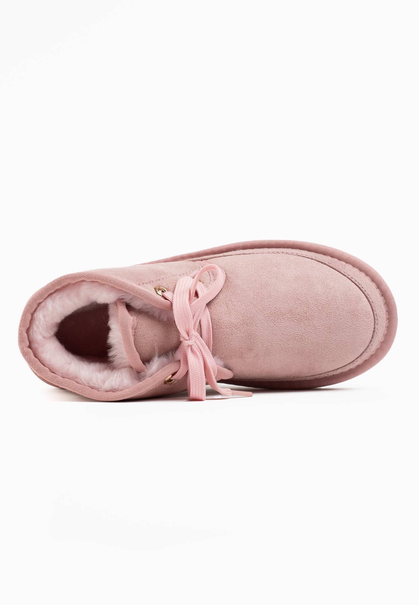 Bottine fourrée Citrine rose vue de dessus, fausse fourrure rose remplissant la tige
