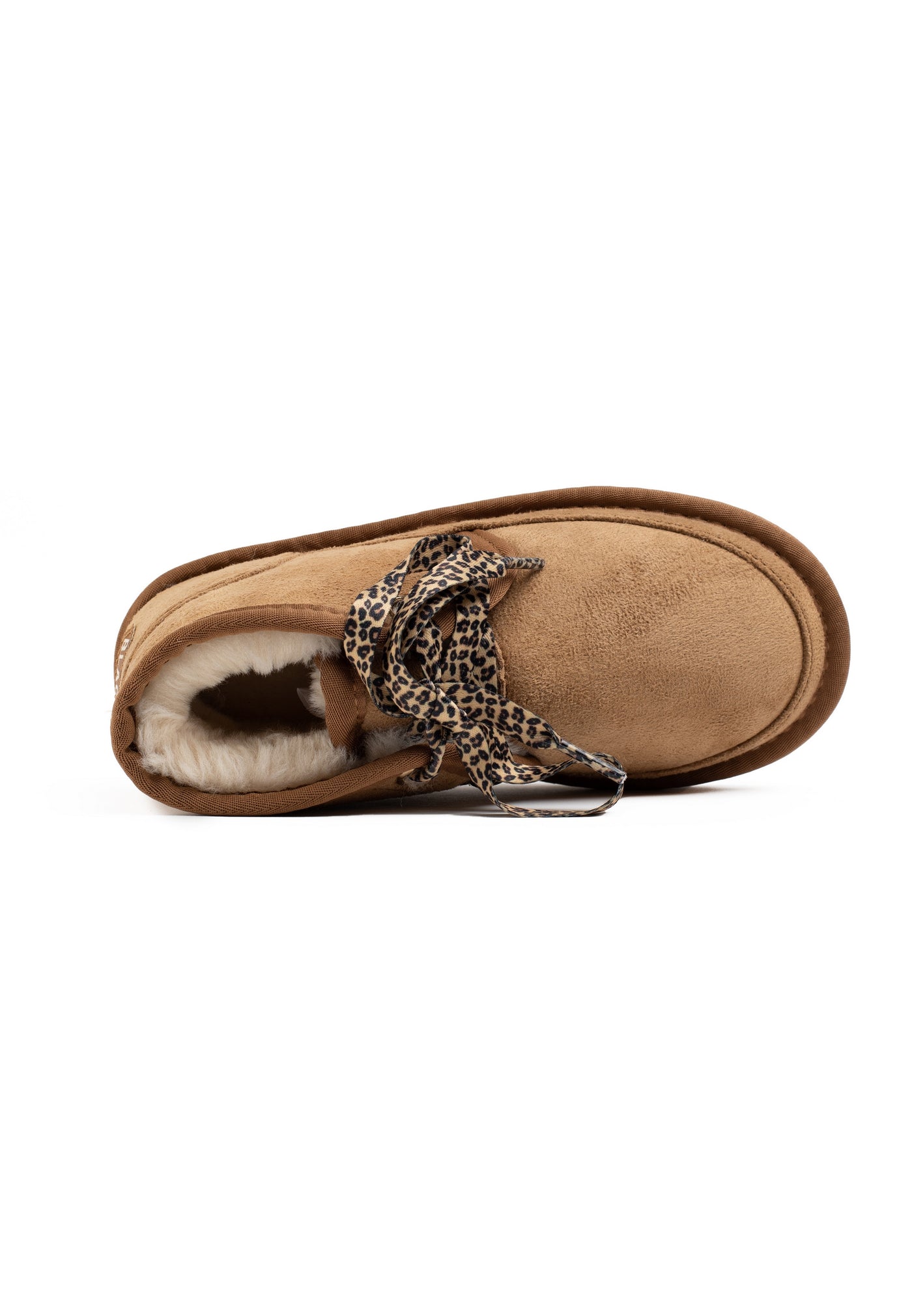 Bottine fourrée Calvin camel vue de dessus, doublure en fausse fourrure crème à l'intérieur