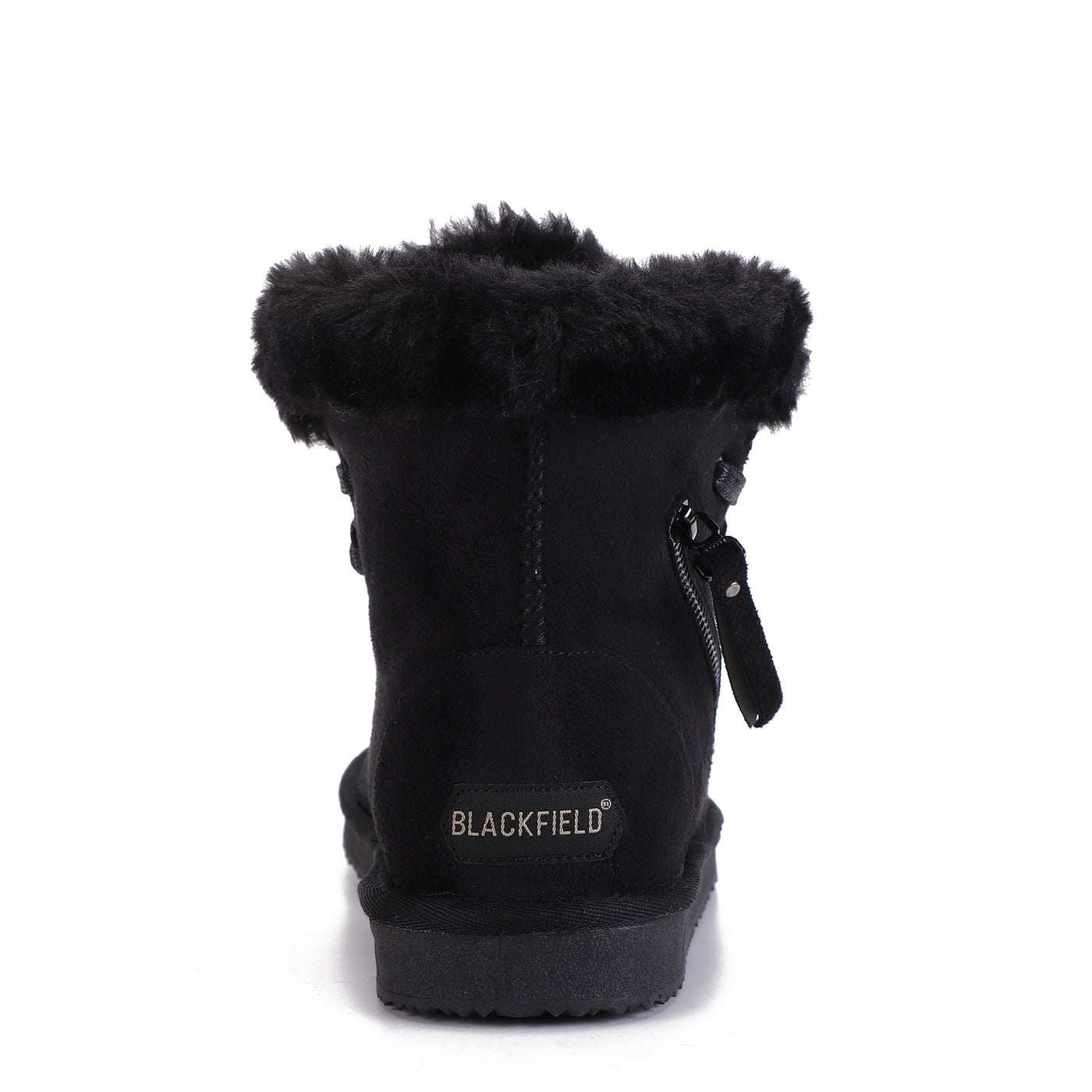 Bottine fourrée Celia noire de dos, étiquette Blackfield au talon et tirette