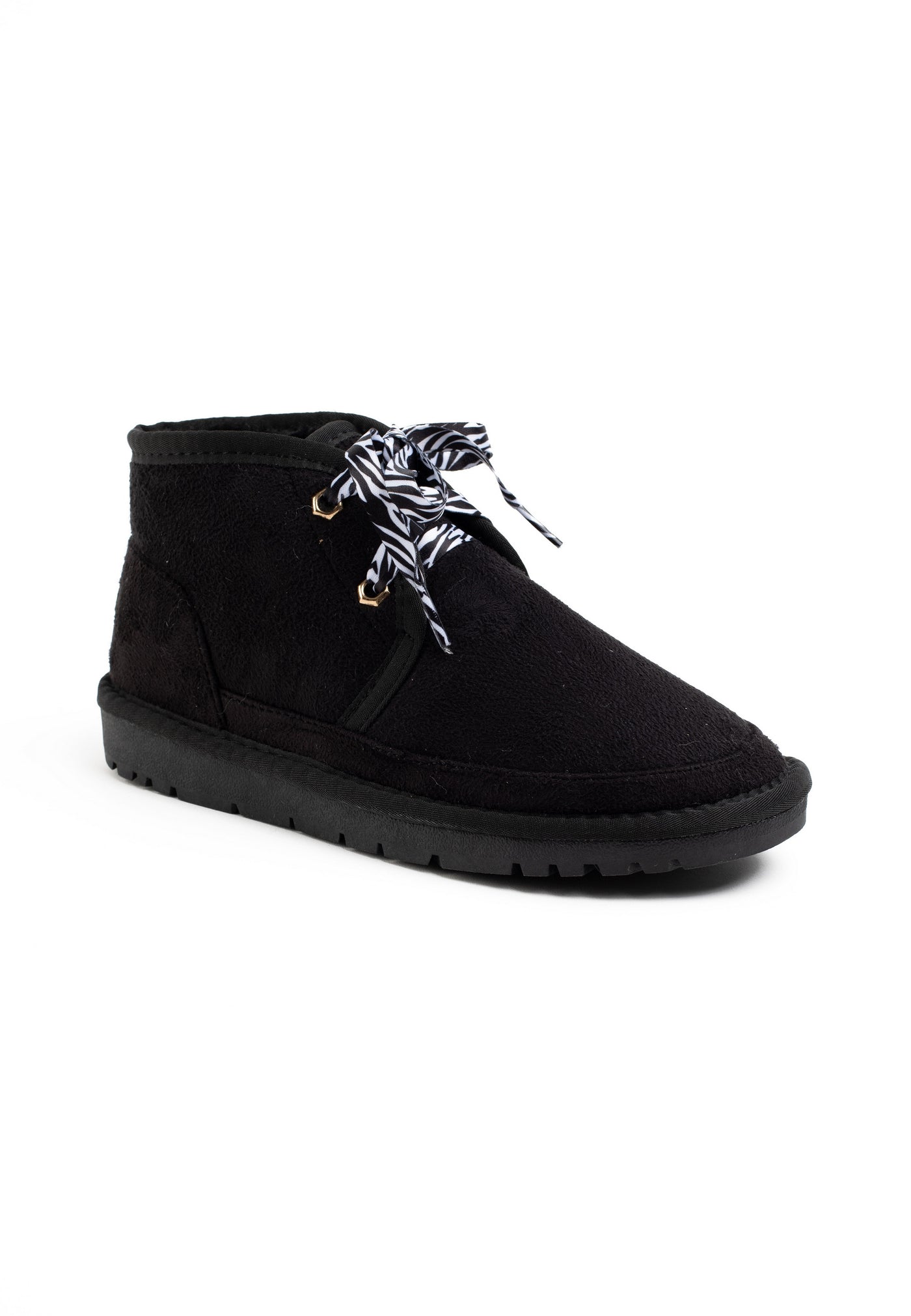 Botte fourrée Calvin noire d'enfant de trois-quarts, lacets rayés noir et blanc