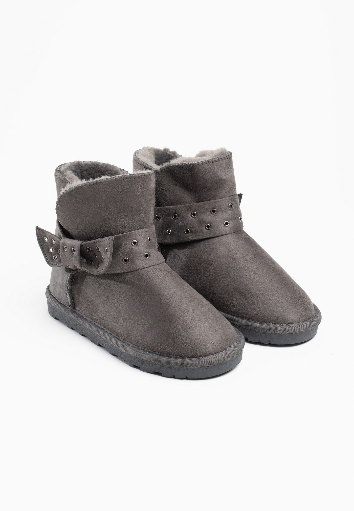 Paire de bottes fourrées enfant Brady gris foncé de trois-quarts, col de fausse fourrure crème