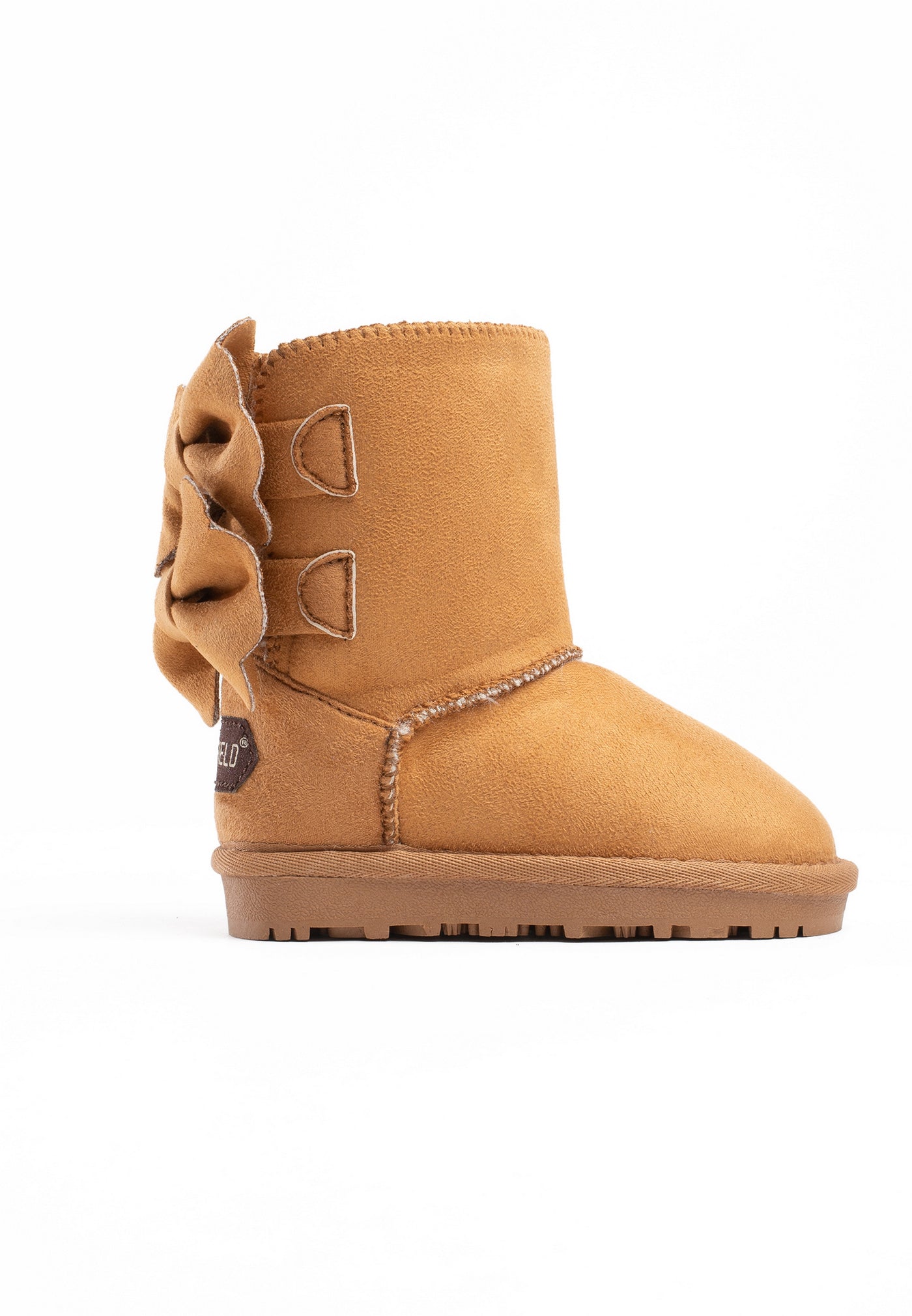 Bottine fourrée Belezza camel vue de trois-quarts arrière, large nœud froissé et passants