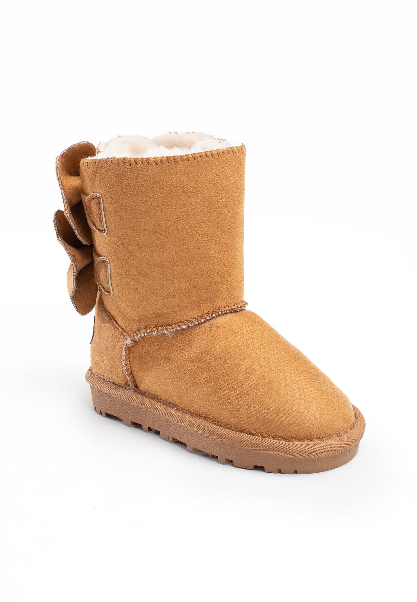 Bottine fourrée Belezza camel de trois-quarts, nœud de microfibre noué à l'arrière