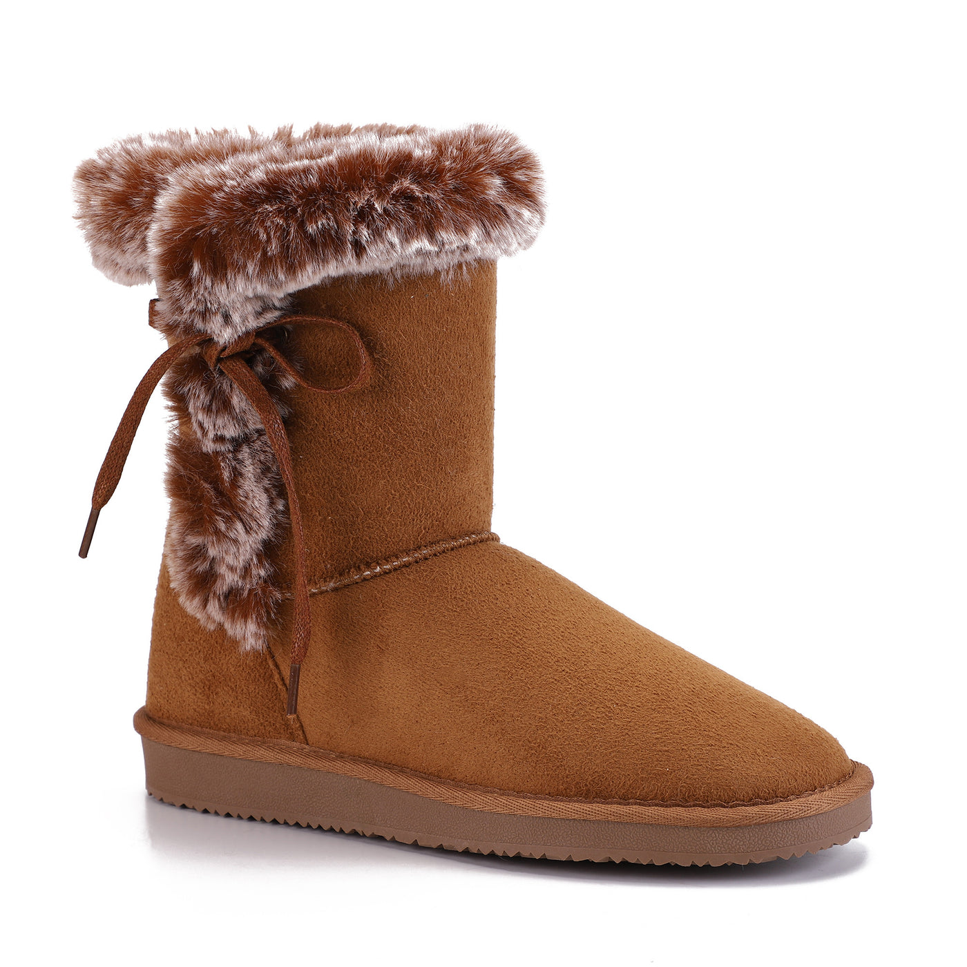 Bottine fourrée Chuckson camel de profil, lacet noué en boucle sur le côté