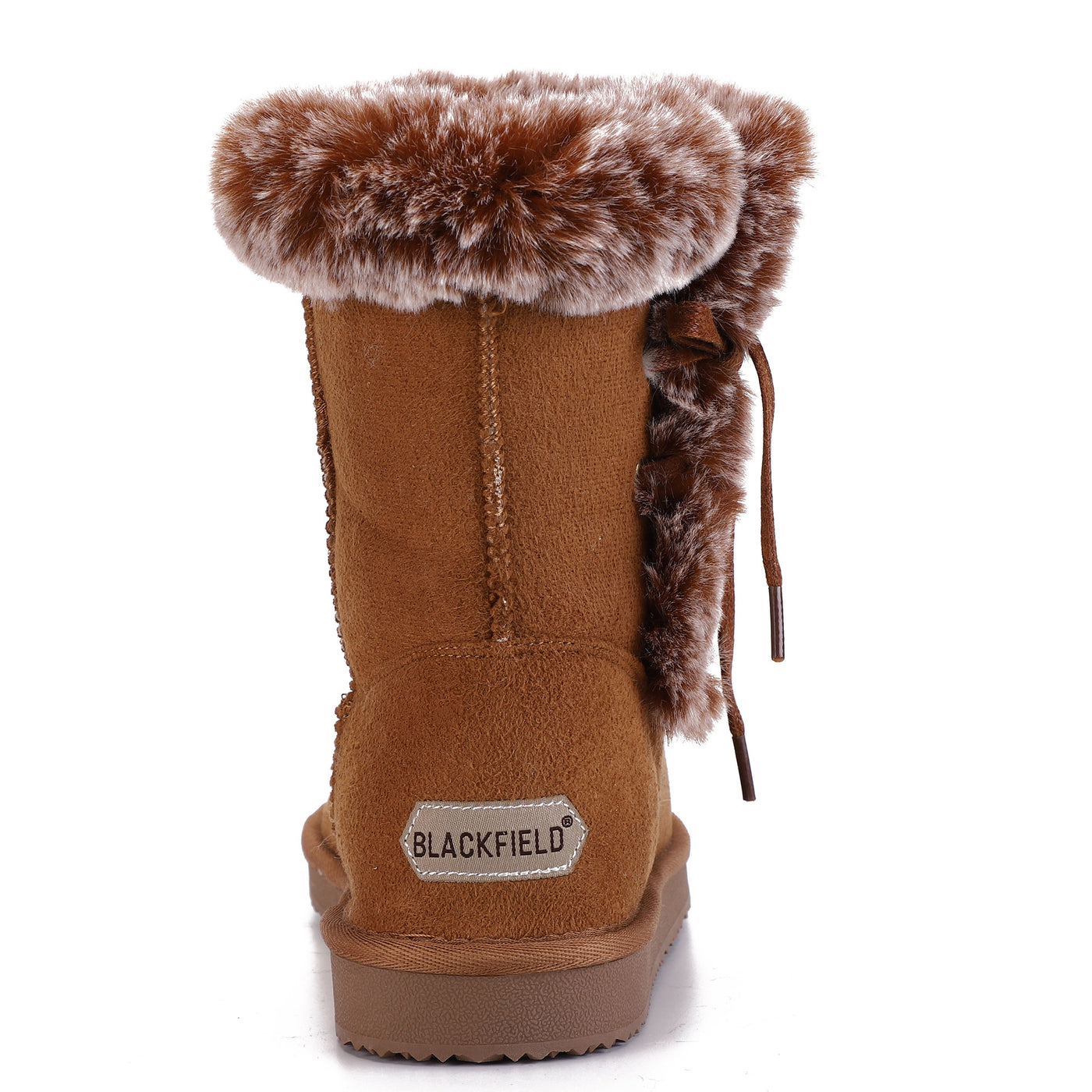Vue de dos d'une bottine fourrée Chuckson camel, signature Blackfield au talon