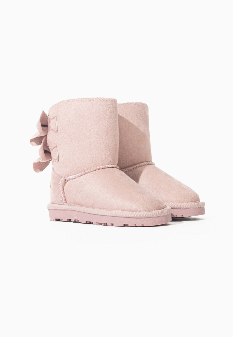 Bottes fourrées Belezza rose vues de trois-quarts, paire posée et nœuds au dos