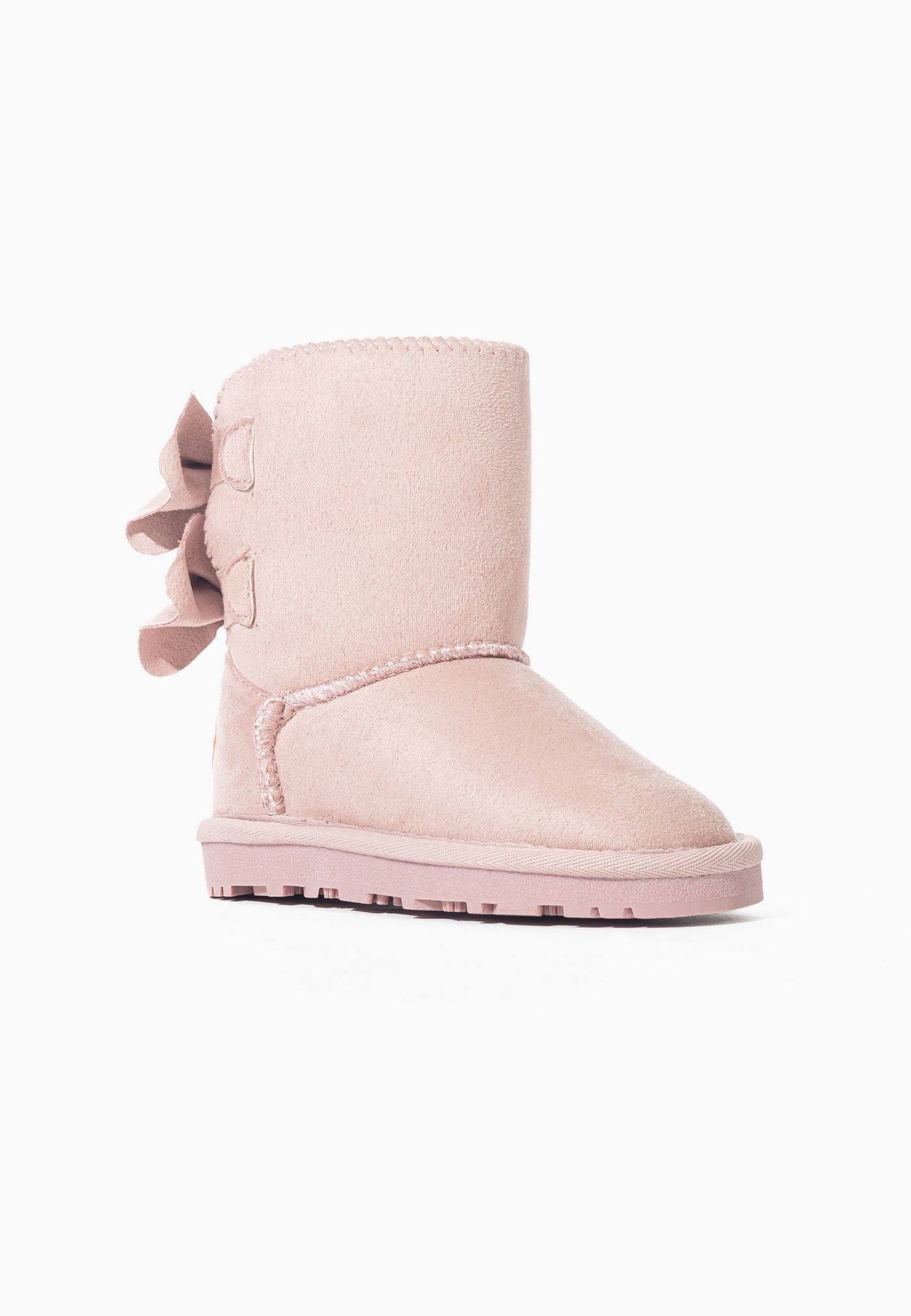 Botte fourrée Belezza rose seule, vue de près sur le cordon surpiqué du pied