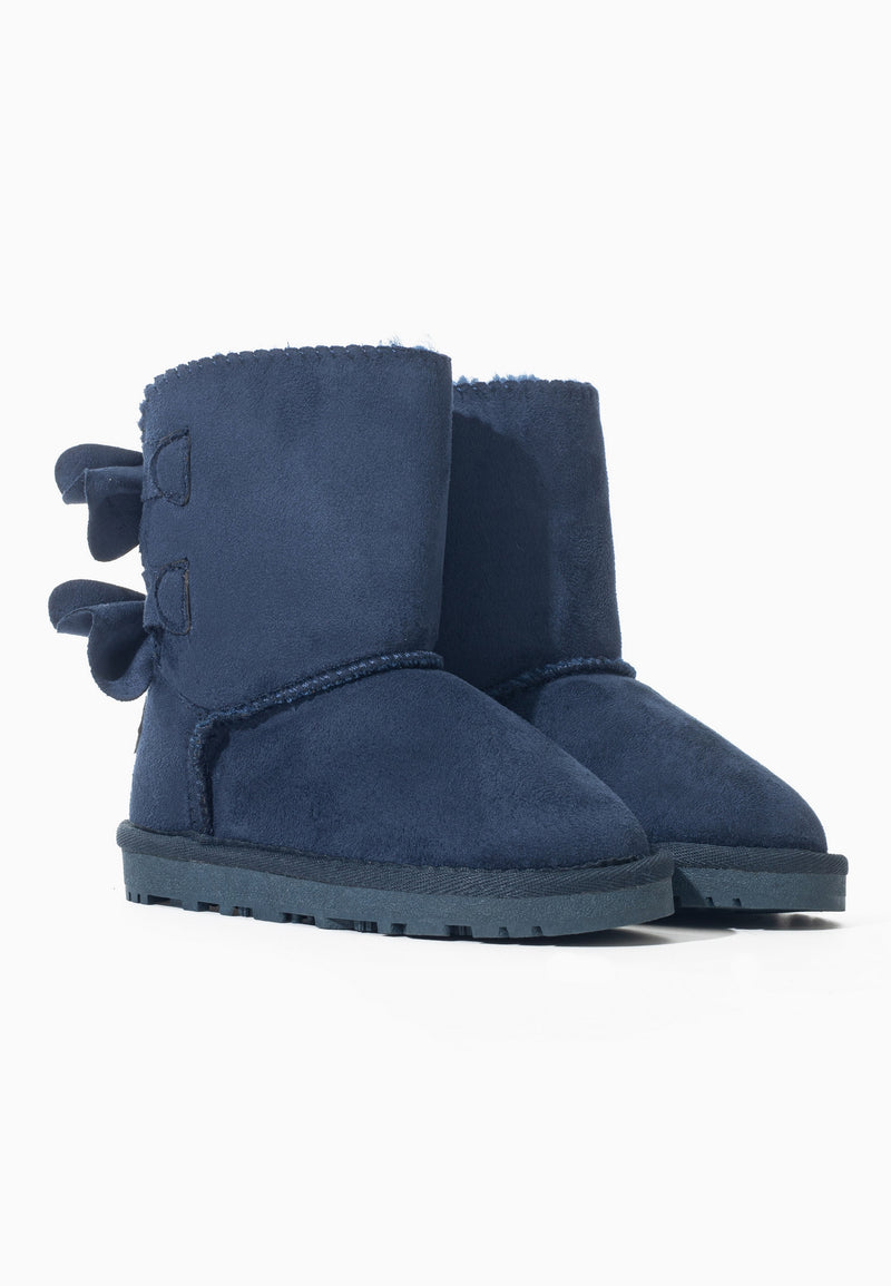 Bottes fourrées enfant Belezza marine vues de trois-quarts, deux nœuds à l'arrière