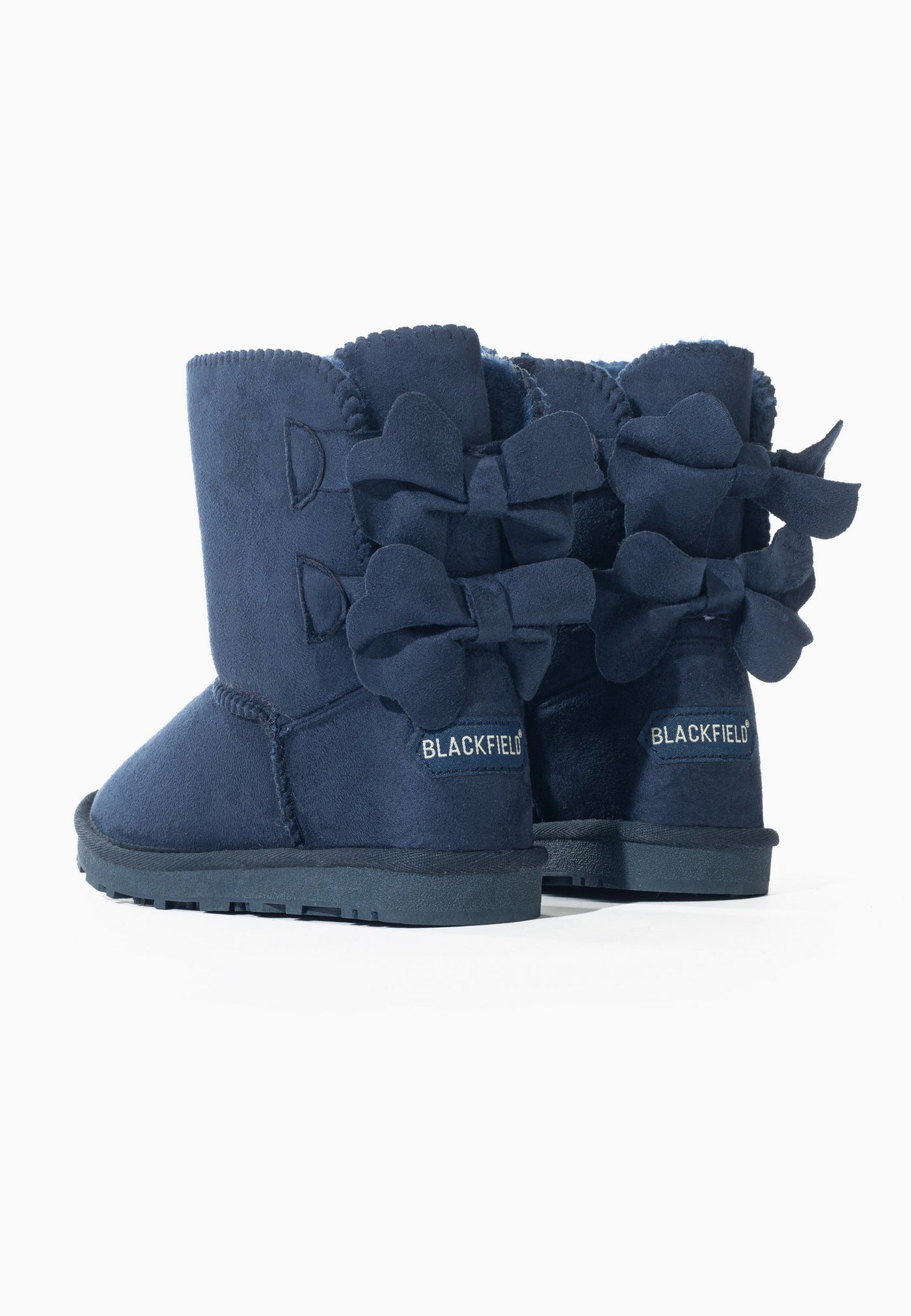 Paire de bottes fourrées enfant Edison marine vue de dos, quatre nœuds sur les tiges