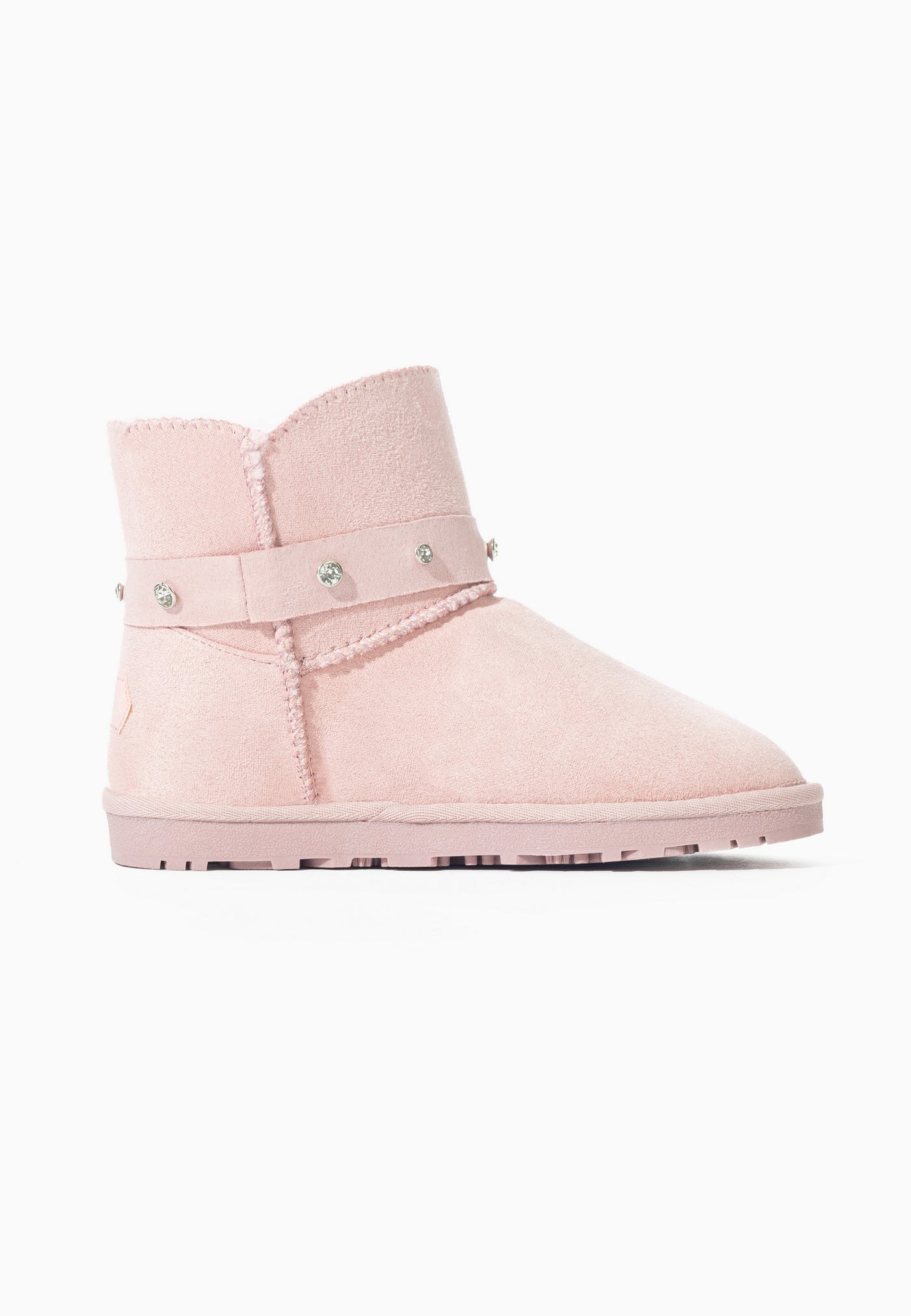 Botte fourrée Sutton rose de profil sur l'autre côté, bride à strass au ras du col